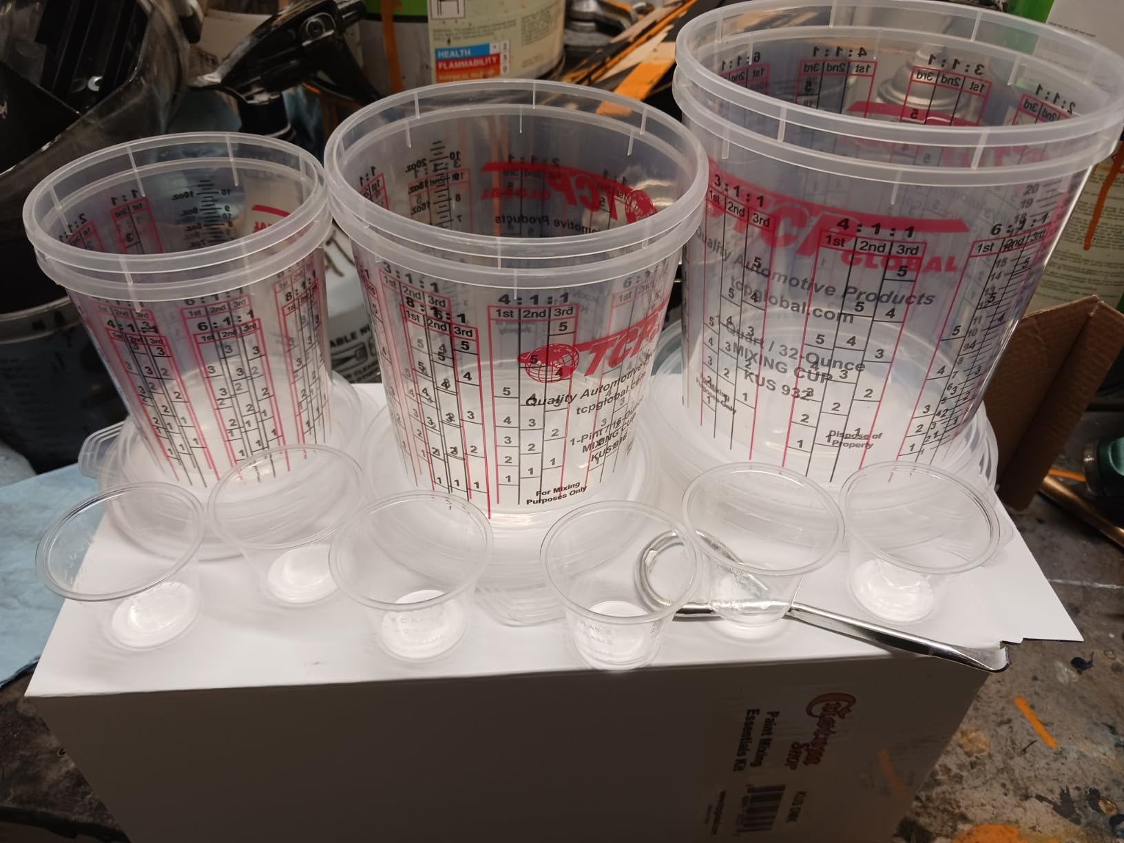 TCP Global Complete Paint Mixing Kit - 12 Cups with Lids, Mixing Sticks, Paddles, Strainers - Epoxy Resin Measuring Cups, Plastic Paint Cup Containers for Automotive & Art Projects customer photo 2