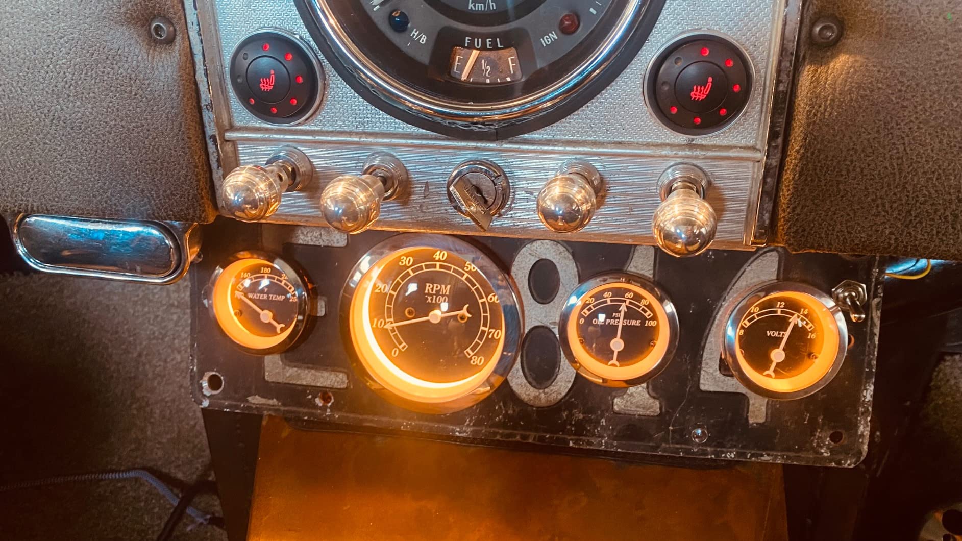 MOTOR METER RACING Classic 6 Gauge Set with Mechanical Speedometer Analog Odometer Black Dial Light Bulb Illumination 85mm 3-3/8