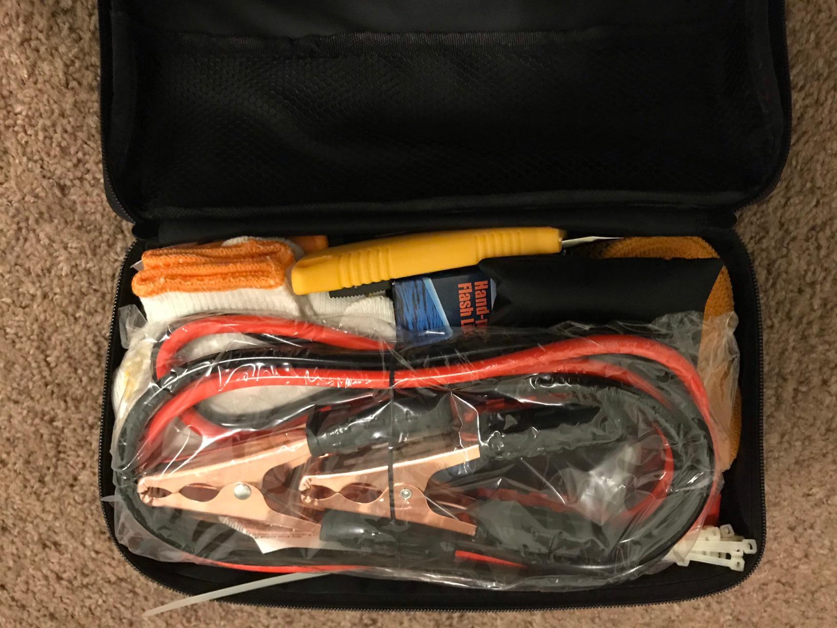 STDY Car Roadside Emergency Kit, Vehicle Truck Safety Road Side Assistance Kits Auto Accessory, with Jumper Cables, Tow Rope, Reflective Triangle, Tire Pressure Gauge, etc customer photo 1