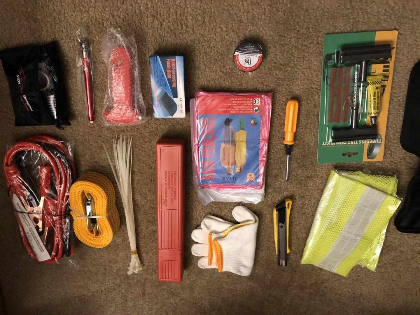 STDY Car Roadside Emergency Kit, Vehicle Truck Safety Road Side Assistance Kits Auto Accessory, with Jumper Cables, Tow Rope, Reflective Triangle, Tire Pressure Gauge, etc customer photo 2