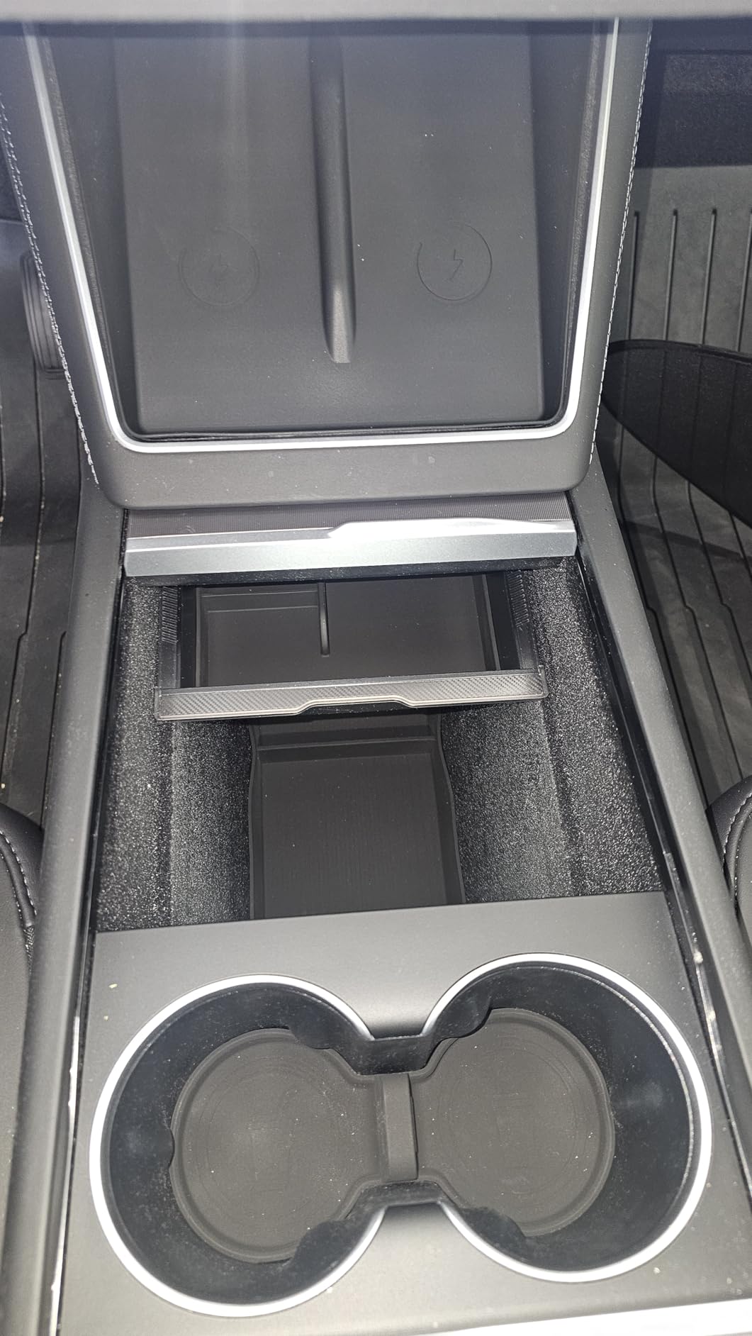 Center Console Organizer Tray for Tesla Model Y Juniper Accessories 2025 2026 [Premium PC + Silent Silicone Liner] Armrest Bottom Liners Wireless Charging Pad Cup Holder for Tesla Model Y Accessories customer photo 2