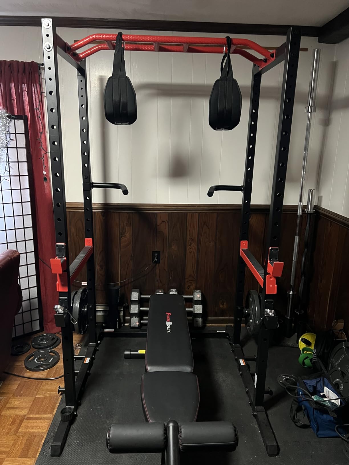 Sunny Health & Fitness Power Rack & Cage Systems for Home Gym Training | Squats & Presses, High Capacity, J-Hooks & Safety Bars, Adjustable Pull-Up Bar, Band Compatible, Plate Storage customer photo 1