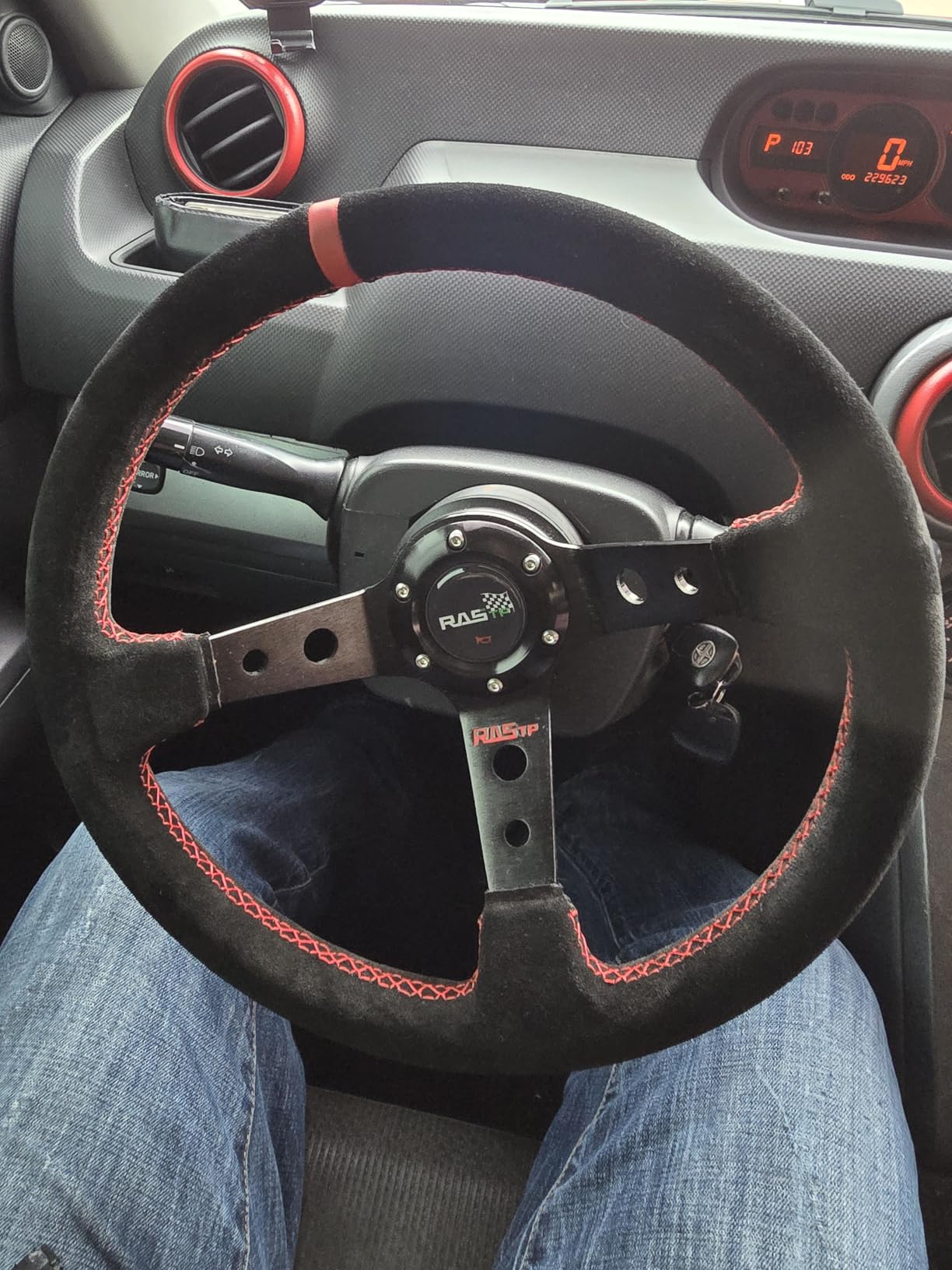 RASTP Universal Racing Steering Wheel Suede Deep Dish 13.58in/345mm 6 Bolts with Horn Button Include Cable, Wrench,Red customer photo 1