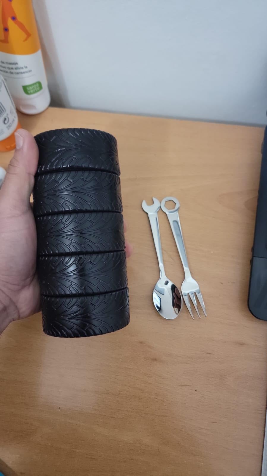 Yungyan 3 Pcs Tyre Water Bottle Gift for Man Fathers Day Car Coffee Mug Gifts Stainless Steel Coffee Tea Mug with Tool Fork and Spoon for Fathers Day Car Lover Birthday Gift customer photo 2