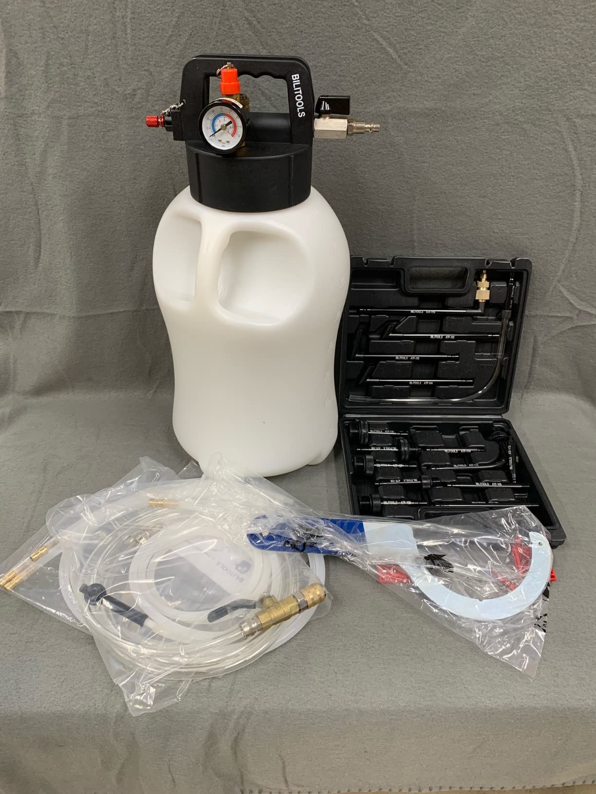 BILITOOLS Transmission Fluid Transfer Pump Air Operated, 8L (2.1 Gallons) Automatic Pneumatic Vacuum Oil Fluid Extractor Dispenser ATF Refill Kit with 15 ATF Adapters customer photo 1