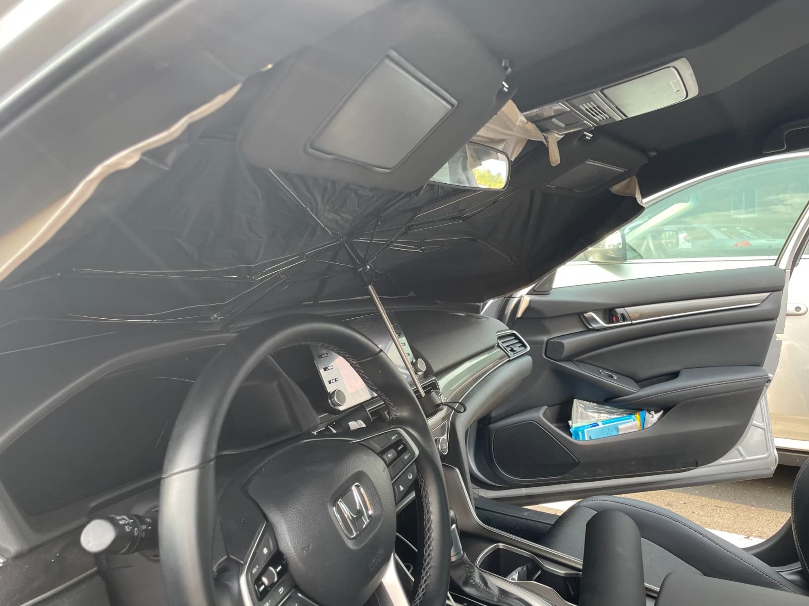 TORRAS Car Windshield Sun Shade Umbrella with Organizer Foldable Shades for Front Window Cover with Mirror Zipper Block UV Rays & Heat Fit Most Vehicles, Keep Cool M(56 * 33inch) customer photo 1