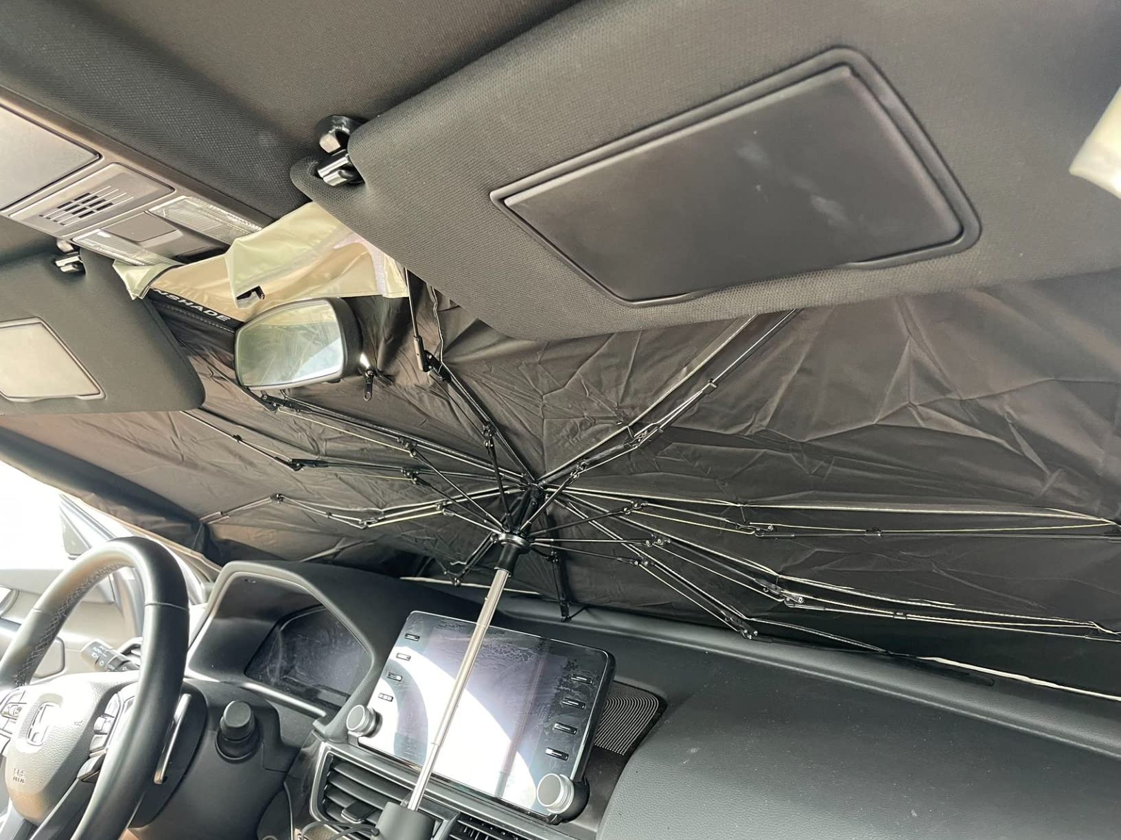 TORRAS Car Windshield Sun Shade Umbrella with Organizer Foldable Shades for Front Window Cover with Mirror Zipper Block UV Rays & Heat Fit Most Vehicles, Keep Cool M(56 * 33inch) customer photo 2
