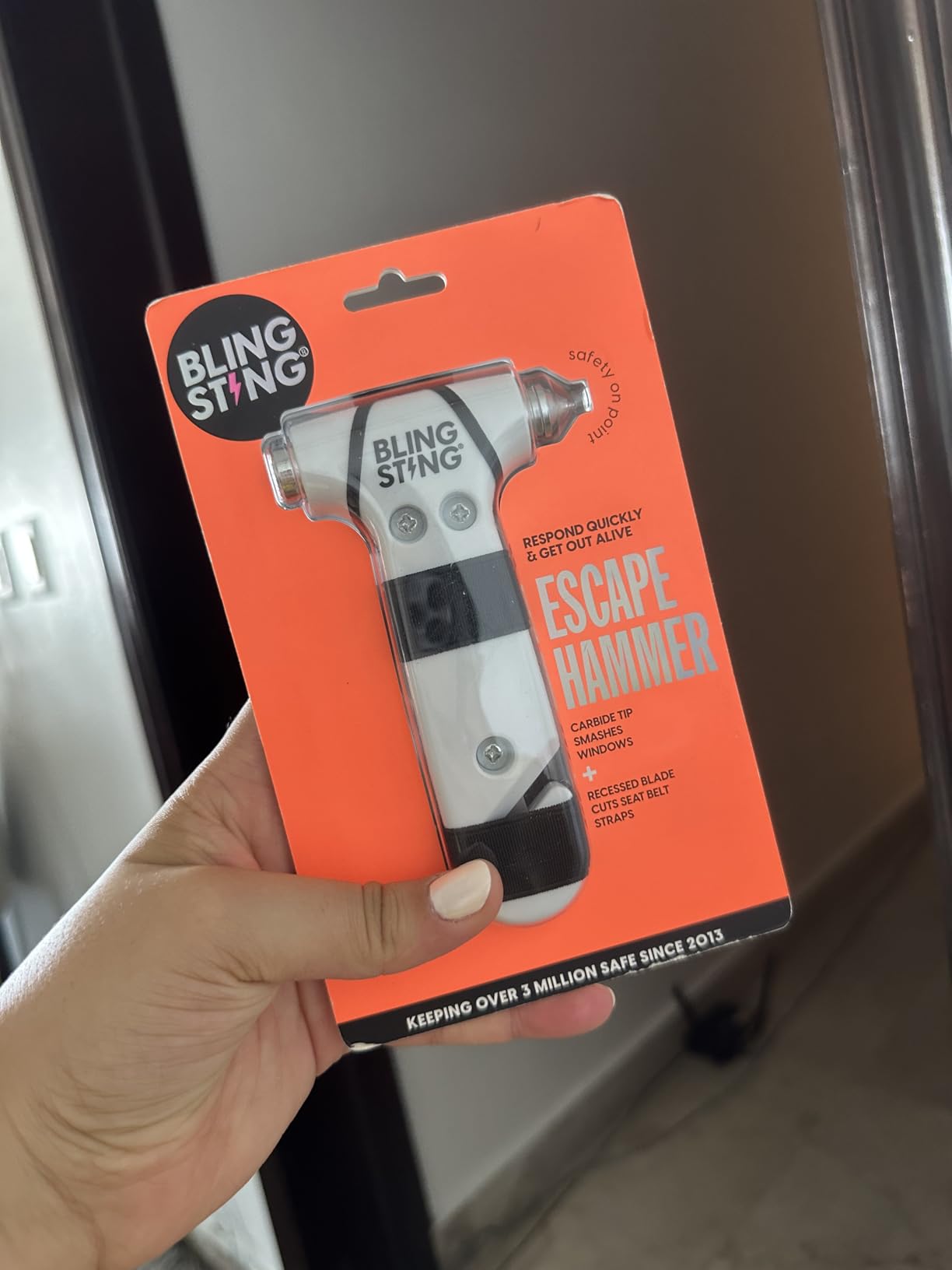 BLINGSTING Safety Hammer - Emergency Automotive Escape Tool with Window Breaker, Seat Belt Cutter & Adjustable Car Visor Strap - Tempered Glass Breaker - Steel Blade - Black (1 Count) customer photo 2