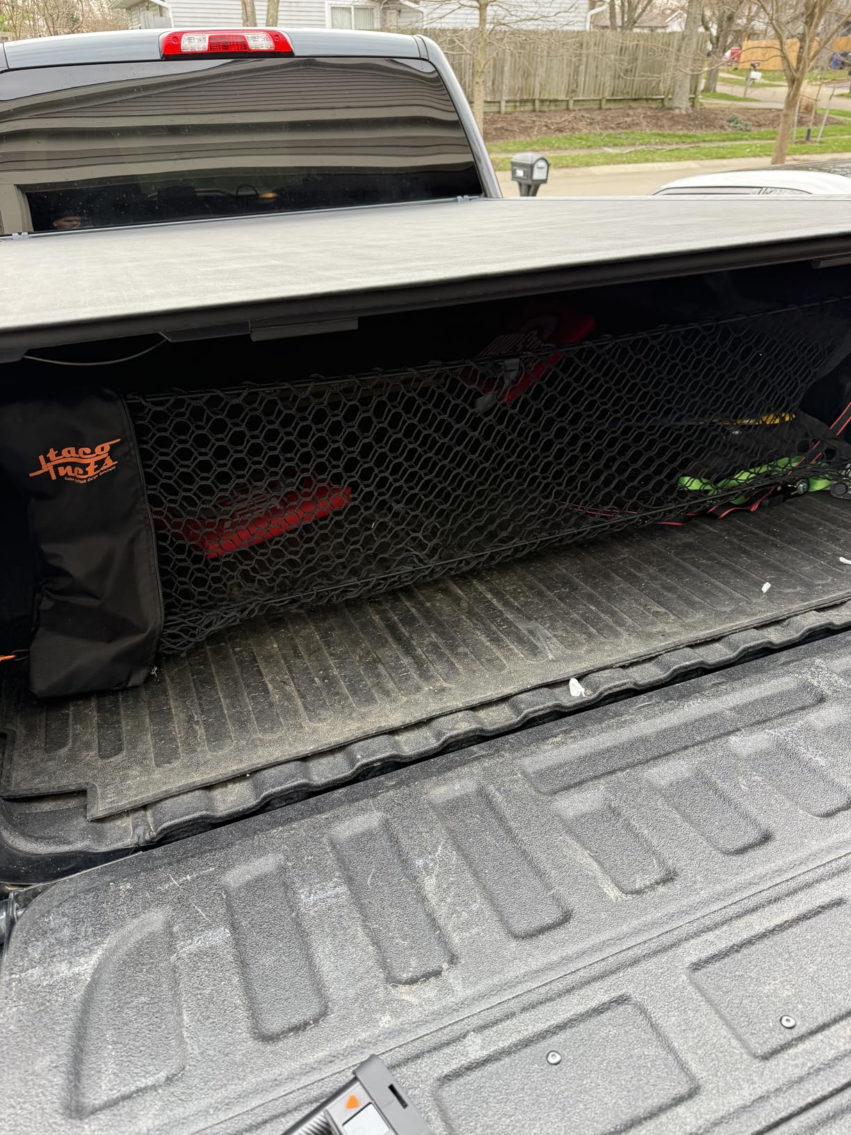 Envelope Cargo Net for GMC Sierra & Chevy Silverado - Fits 2013-Current - Upgraded 5mm Bungee - Integrated Storage Bag - Heavy Duty Carabiners - Designed in USA customer photo 2