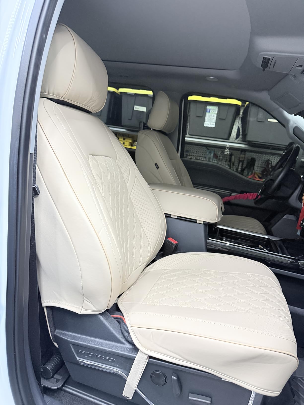 Huidasource Custom Fit Ford F150 Seat Covers Waterproof Fit for 2015-2025 F150 SuperCrew & 2017-2025 F250 F350 F450 Super Duty Crew Cab Pickup XL XLT Lariat King Ranch Platinum(Front Pair/Black&Red) customer photo 1