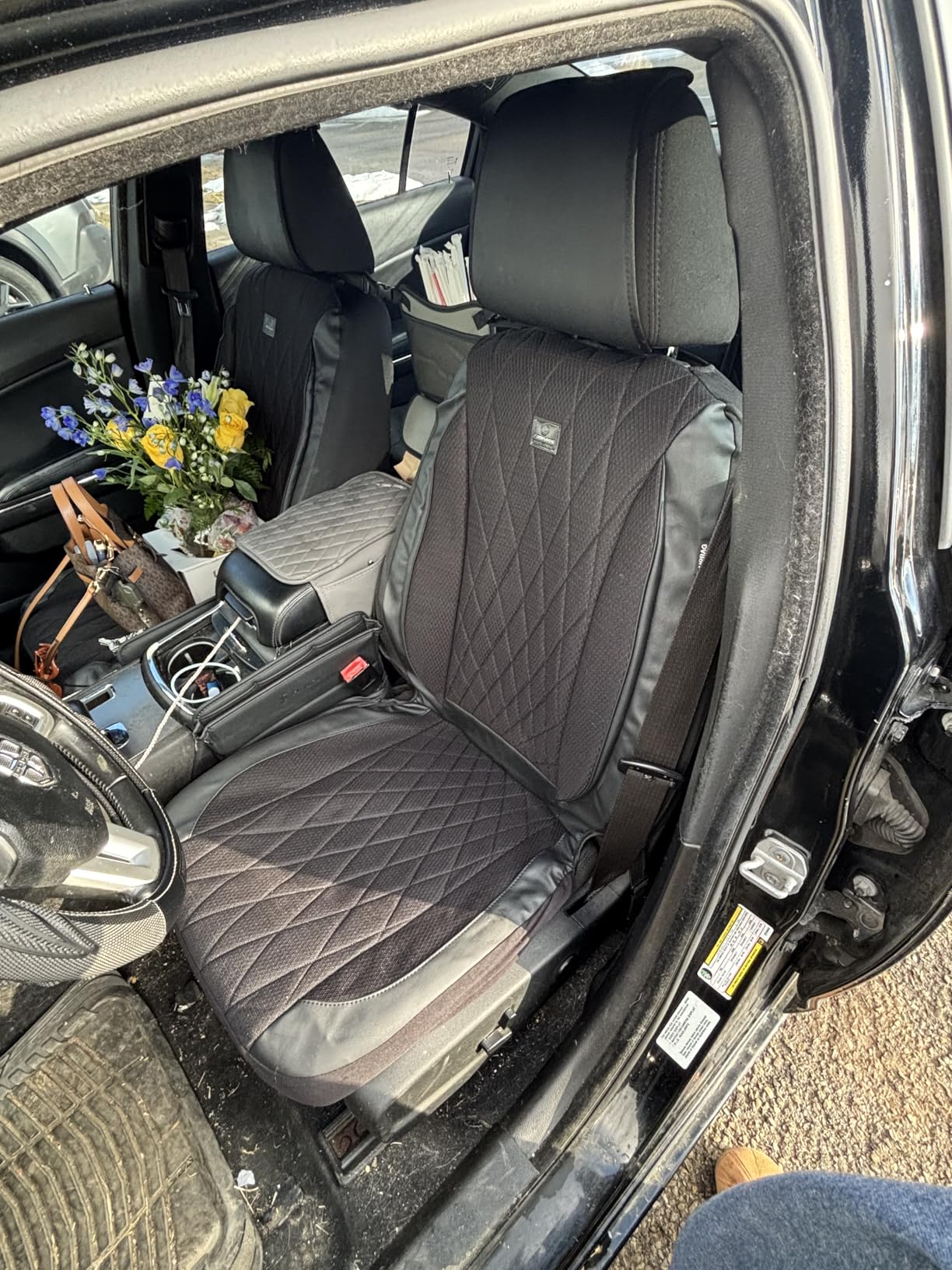 CAR PASS Piping Luxury Faux PU Leather Two Front Car Seat Covers, Waterproof Anti Slip Seat Covers Compatible with Front Seat Armrests,Universal Fit for Suvs,Vans,Trucks, Airbag Compatible(All Black) customer photo 2