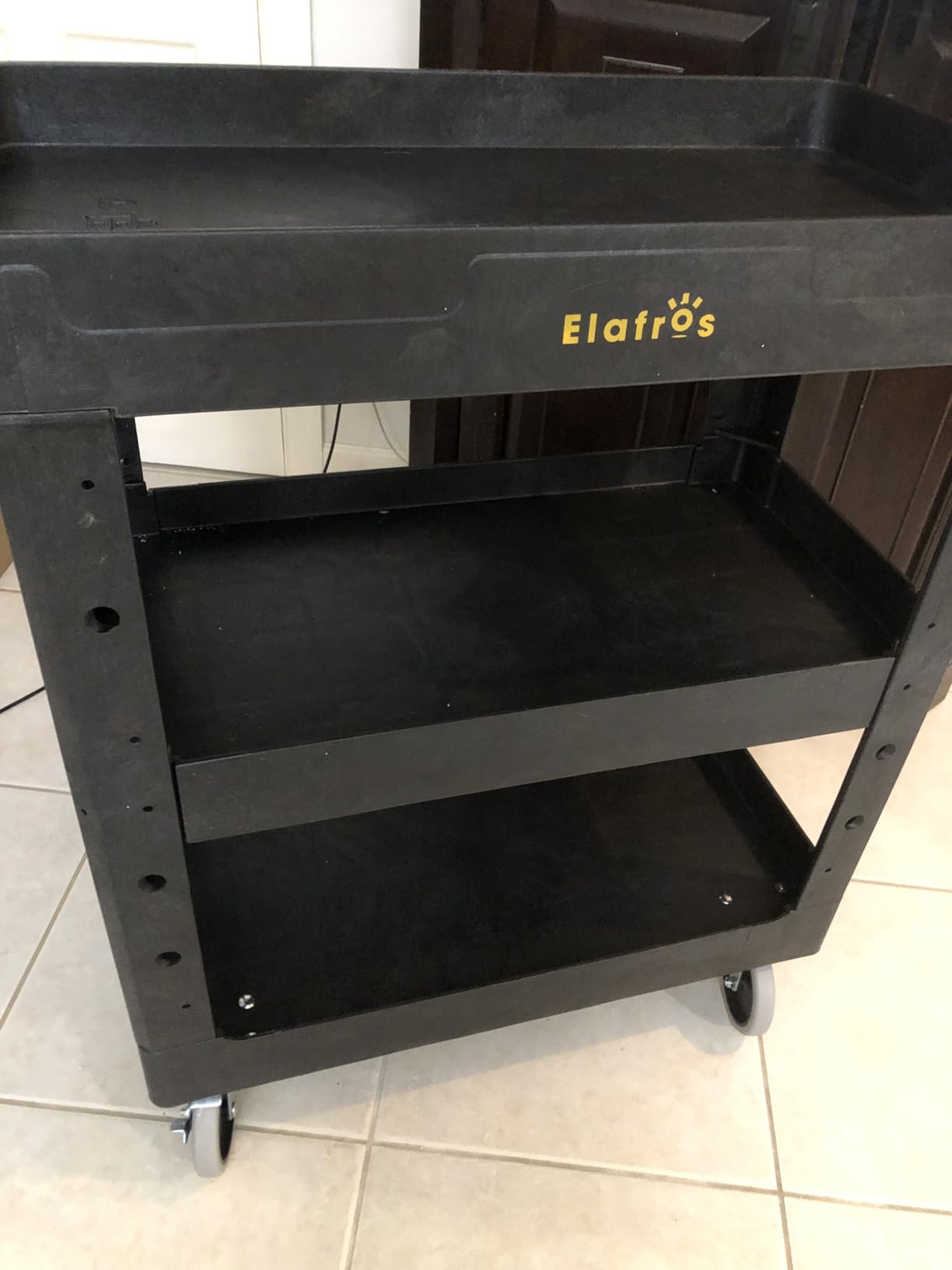 ELAFROS 3 Shelf Heavy Duty Utility Cart, 34 x 17 x 38.5 inches, Rolling Work Cart with 4 Swivel Wheels, Deep Shelves, Safely Holds up to 550 lbs 3-Tier Service Tool Cart, Black customer photo 1