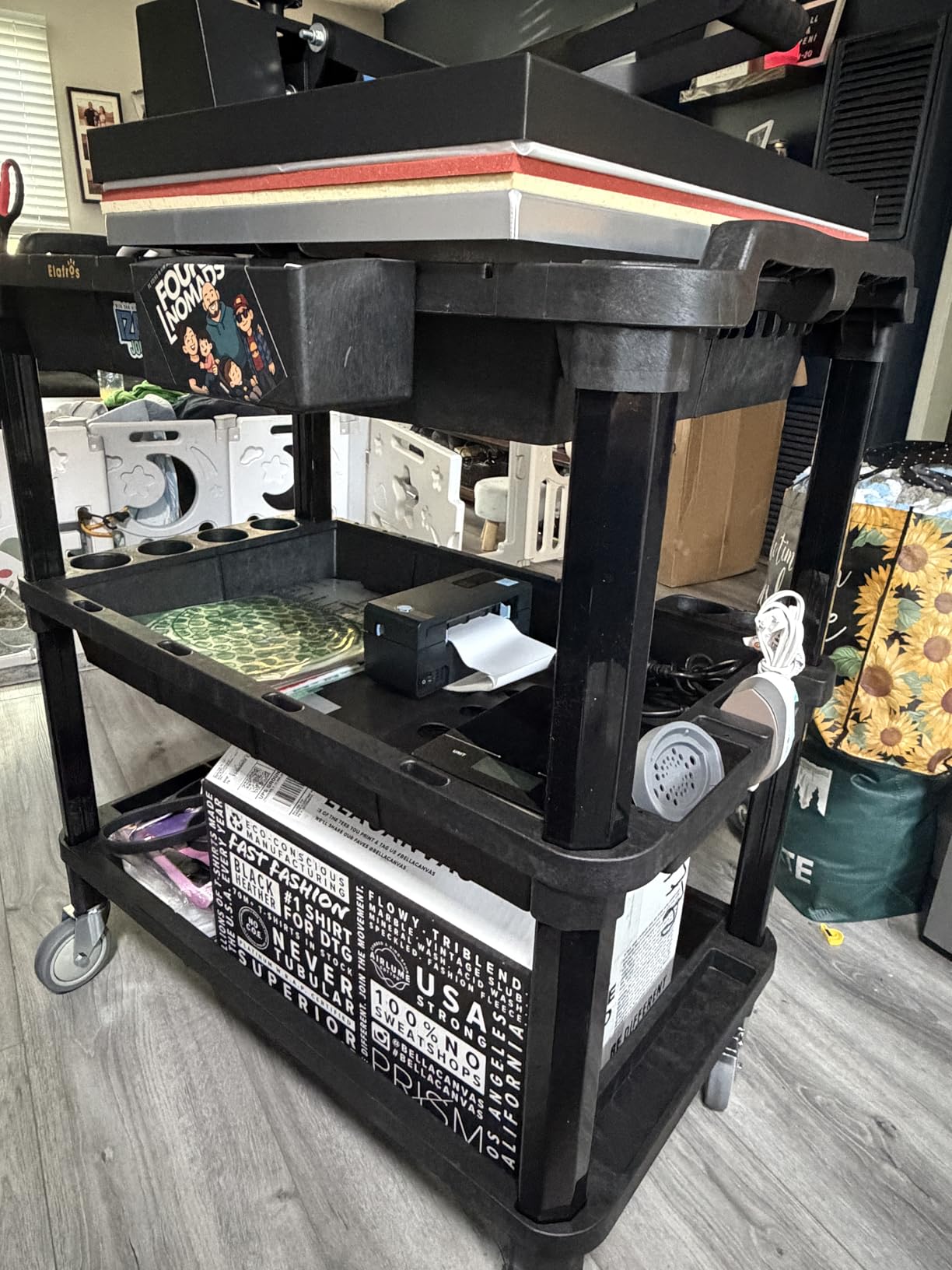 ELAFROS Multi-Use Utility Cart - 32.4x18.3 Heavy-Duty Service Cart with 3 Deep Shelves, Industrial-Grade Tool Cart Mobile Organizer, Rolling cart Holds up to 500 lbs, Black customer photo 2