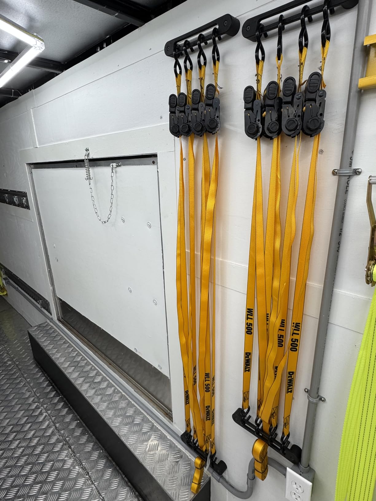 AV1 Hook Rail Strap Organizer (2-Pack) - Low Profile Tie Down, Ratchet & Bungee Cord Storage for Garage, Workshop, Home or Enclosed Trailer - Made in USA customer photo 1