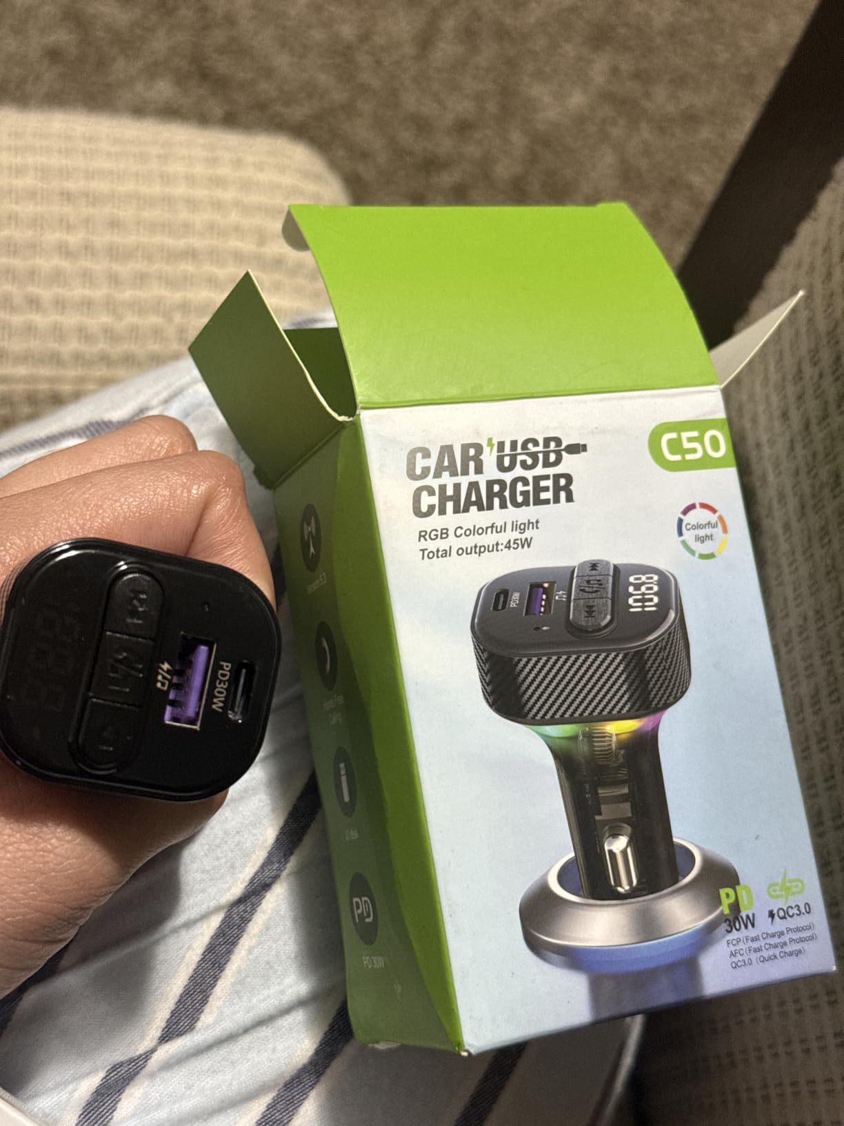 Bluetooth 5.3 FM Transmitter for Car, Bluetooth Car Adapter with Type-C PD(30W) Charger and QC3.0 USB Port, Wireless FM Radio Transmitter, Support MP3 Player, Handsfree Calling, LED Backlit customer photo 1