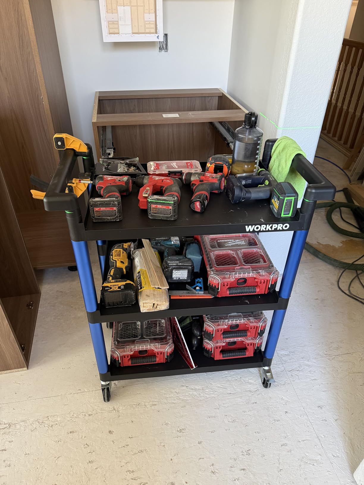 WORKPRO 3-Tier Collapsible Service Cart, 210 LBS Foldable Utility Service Cart with Wheels, Portable Tool Cart for Garage, Warehouse, Home, Restaurant, Office (No Assembly Required) customer photo 1