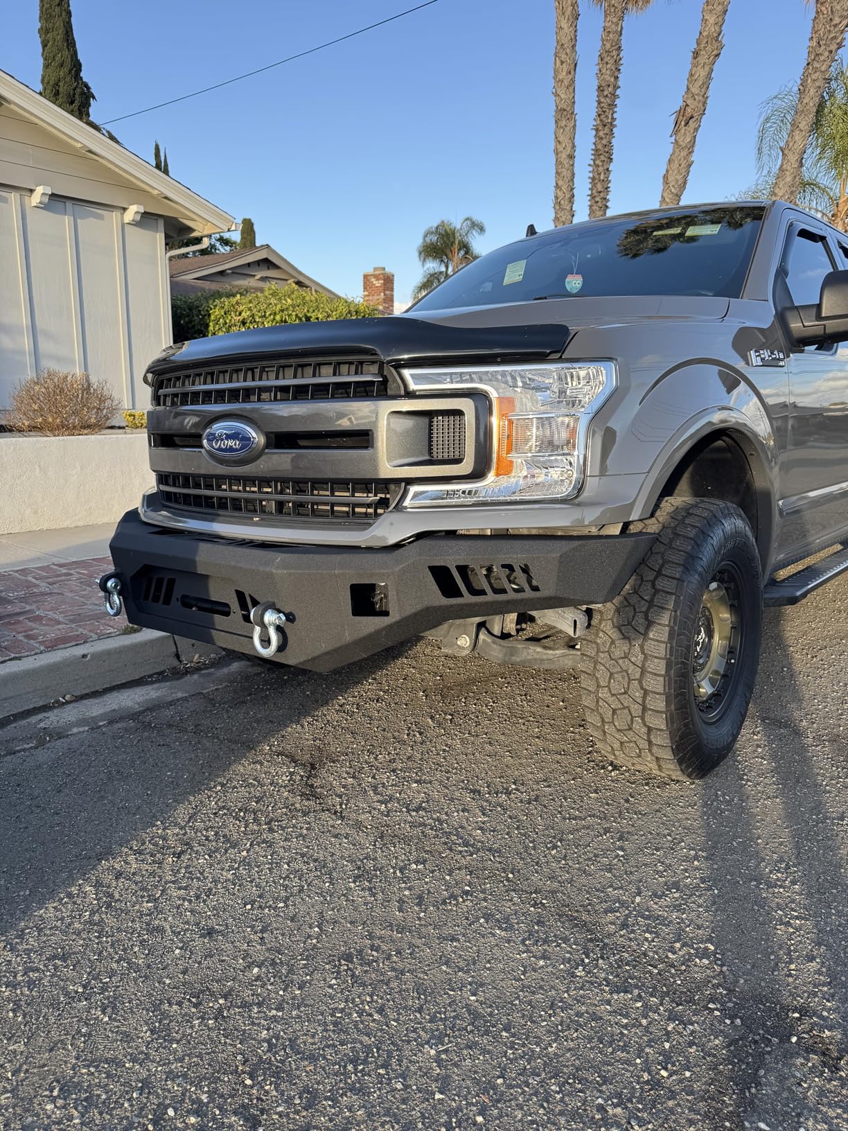 Off Road Front Bumper Fit for Ford F150 2018 2019 2020 (Exclude Raptor) Carbon Steel W/Winch Plate, 2 D-Rings & Shackles Mounts and 2 Squre Spotlights Full Width Front Bumper w/o Sensor Holes customer photo 1