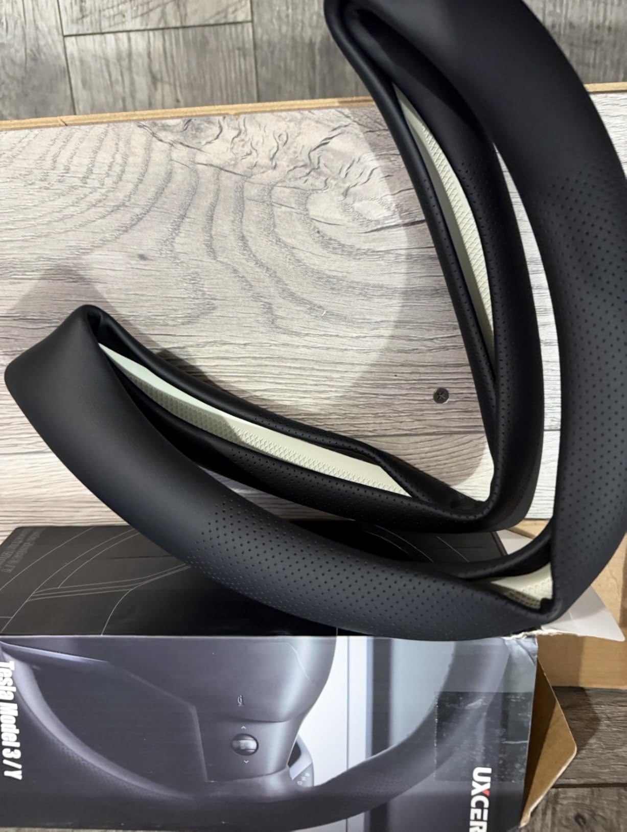 Nappa Leather Steering Wheel Cover Compatible with Tesla Model 3/Y 2016-2025 2026 Juniper/Highland, Non-Slip Breathable Model 3/Y Steering Wheel Protector, Black customer photo 1