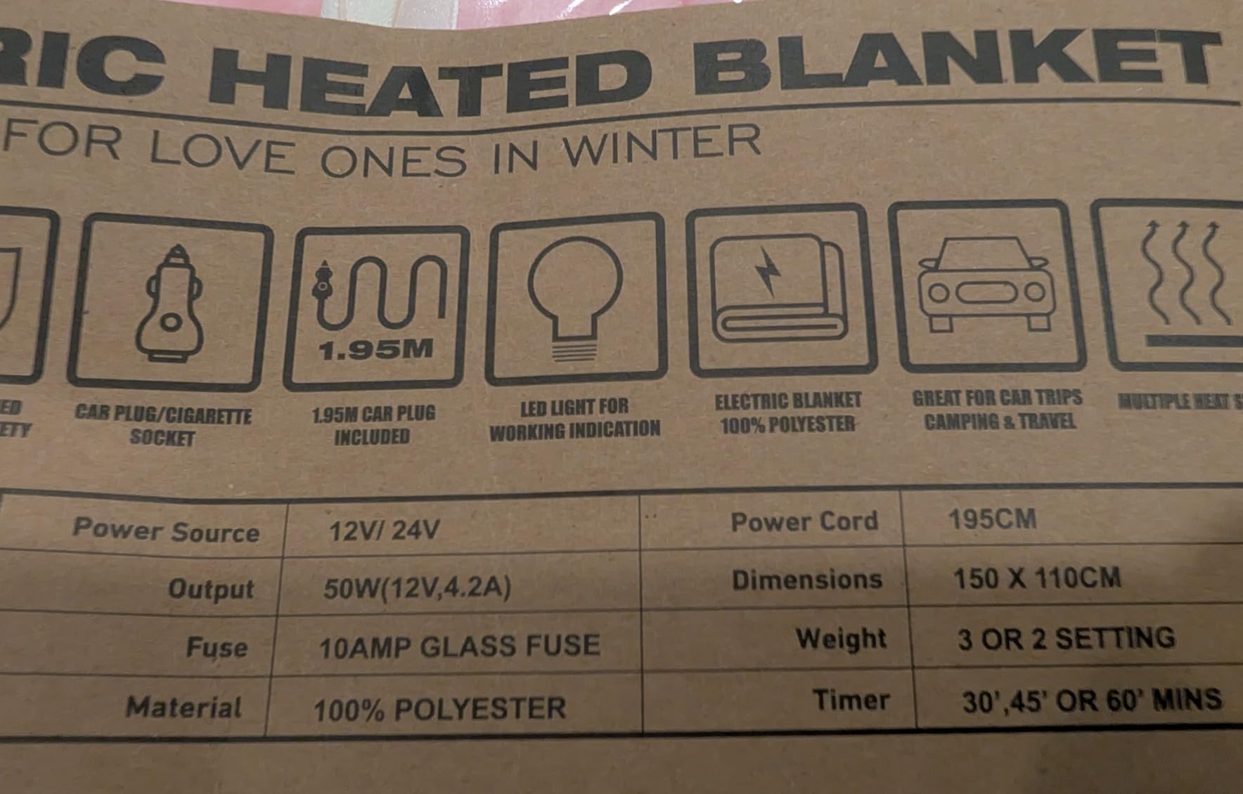 12V/24V Heated Car Blanket, Electric Blanket Flannel Heating Throw for Car, SUV, RV, Camping, 60