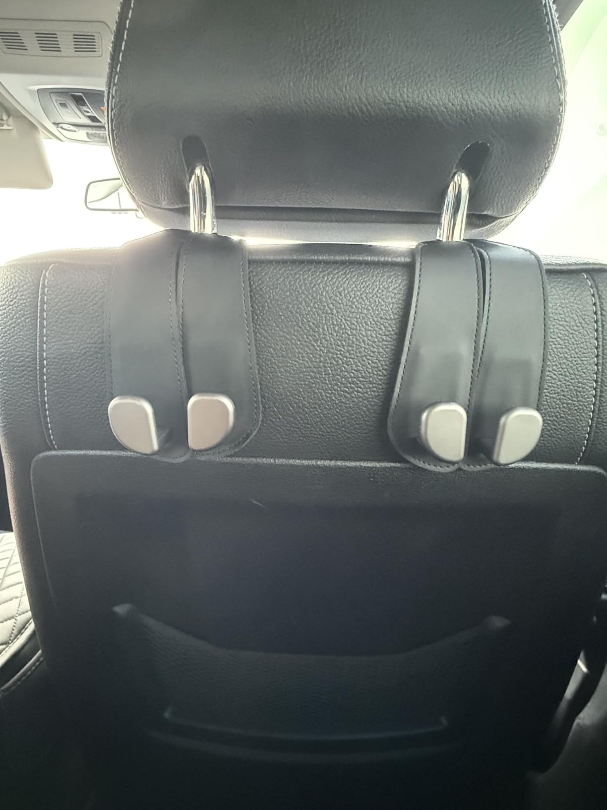 CoBak Purse Hook for Car - Universal Premium Stitched Leather and Aluminum-Magnesium Alloy Double Car Seat Back Storage Hook for Purses, Handbags, Bags (2 Pack), Black customer photo 1