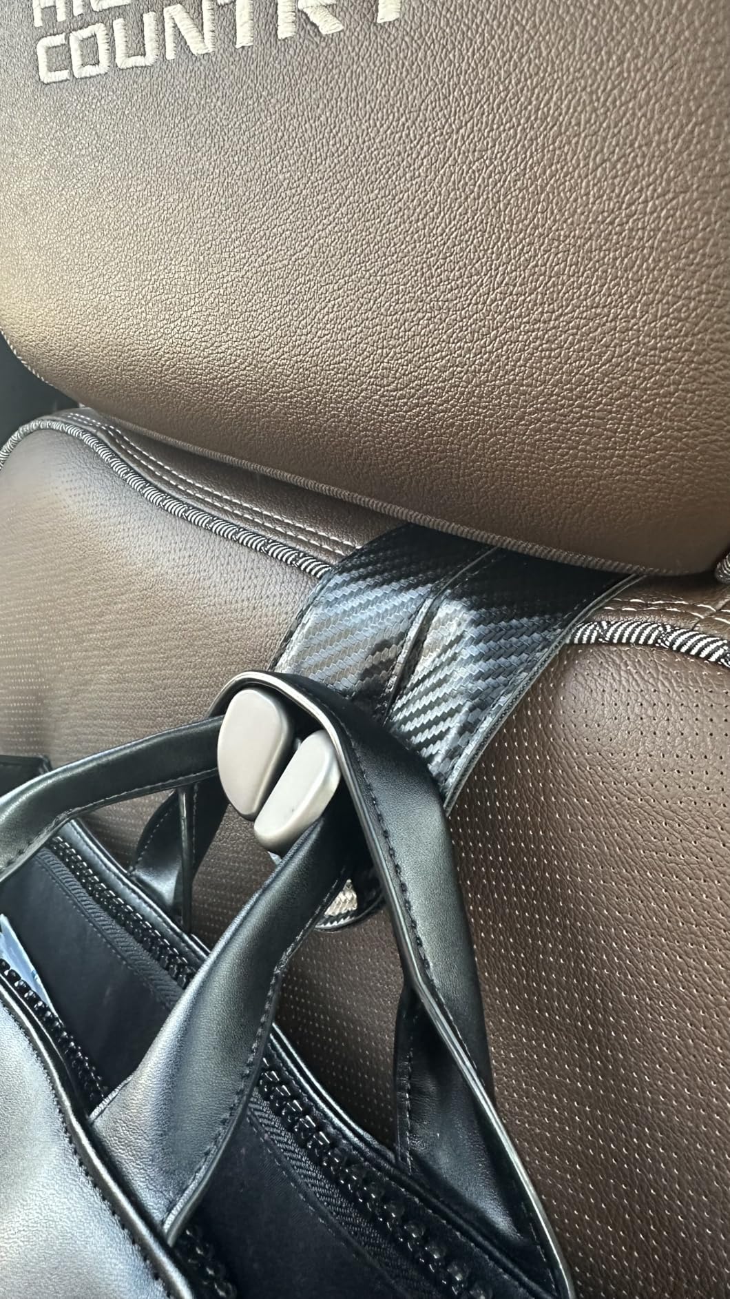 CoBak Purse Hook for Car - Universal Premium Stitched Leather and Aluminum-Magnesium Alloy Double Car Seat Back Storage Hook for Purses, Handbags, Bags (2 Pack), Black customer photo 2