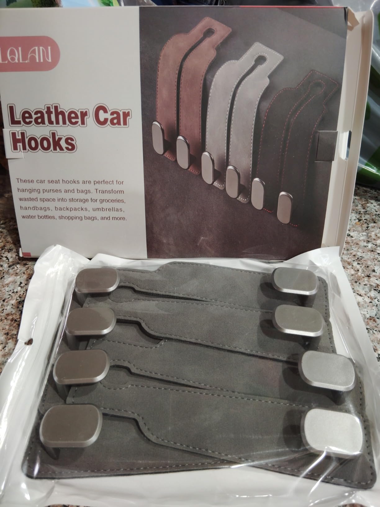 Headrest Hooks for Car, 4 Pack Car Seat Back Organizer Storage Hook, Double Hook Car Seat Hooks for Hanger Purses and Bags, Leather Purse Holder for Car, Black customer photo 2