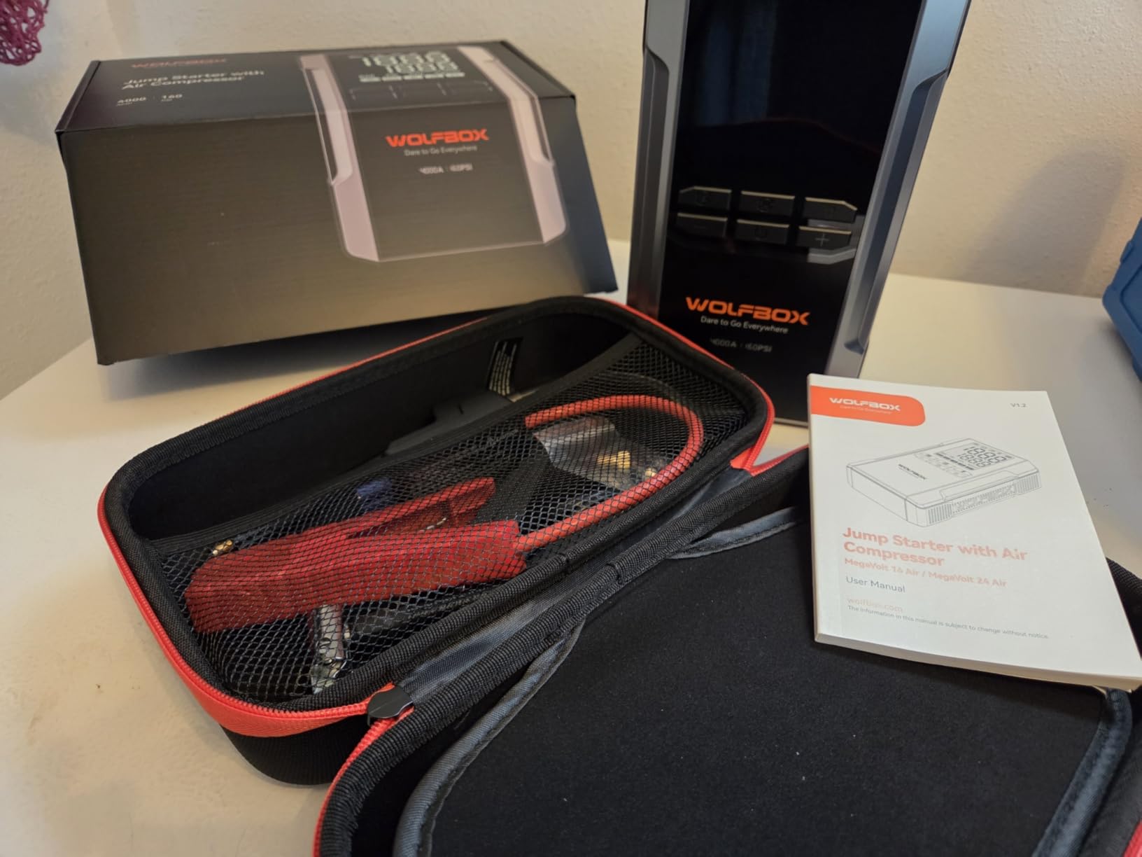 WOLFBOX 4000A Jump Starter with 160PSI Air Compressor, 12V Car Battery Booster, 65W Fast Charge, 88.8Wh Portable Tire Inflator, LED Display for 10L Gas & 10L Diesel Engines, LED Light, Jumper Cables customer photo 2