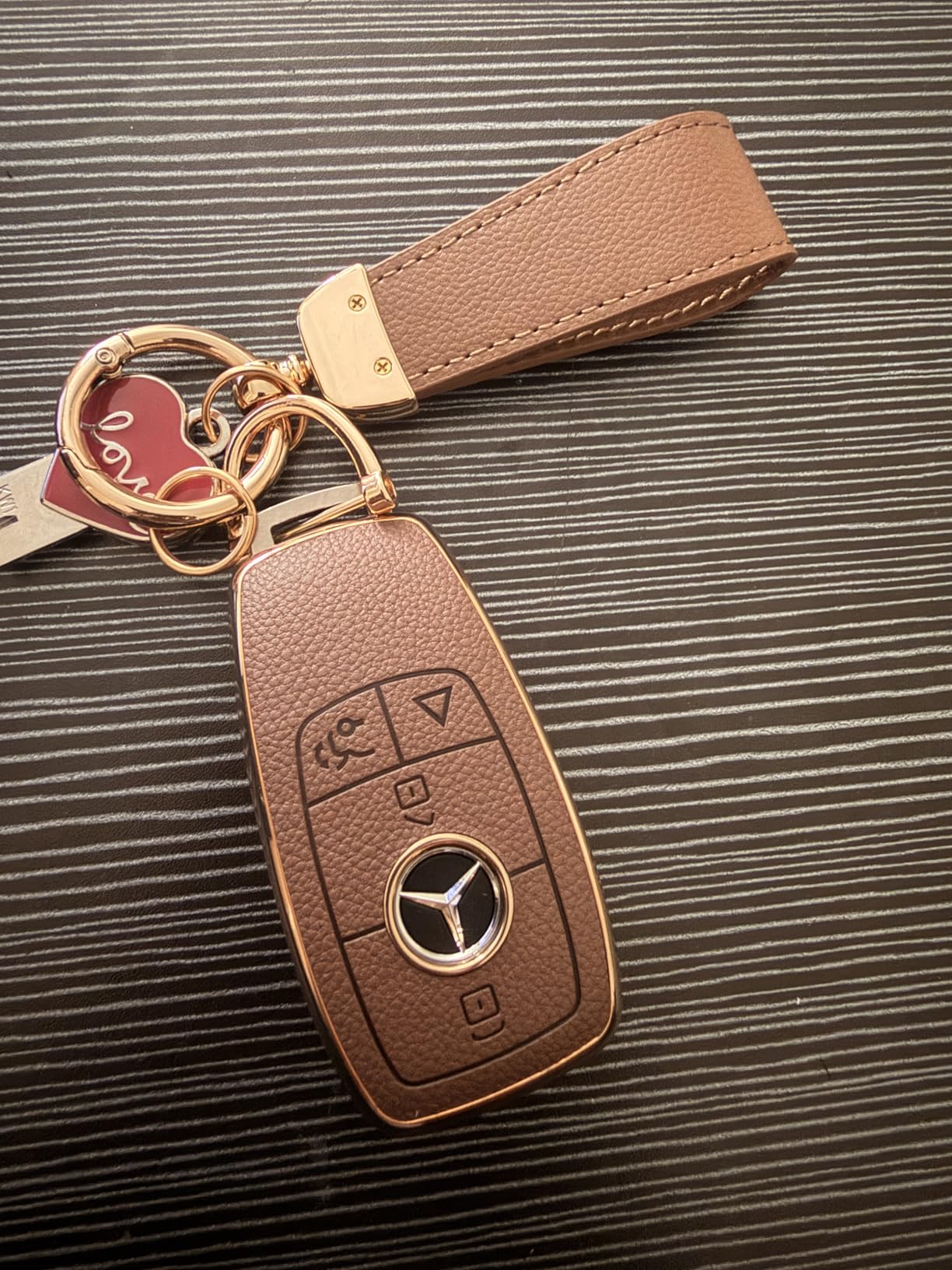 Key Fob Cover for Mercedes Benz with Key Chain, Upper Leather + Soft TPU Key Cover Case Shell for Mercedes C E S GLC CLE EQE EQS 300 350 450 500 560 580 AMG customer photo 1
