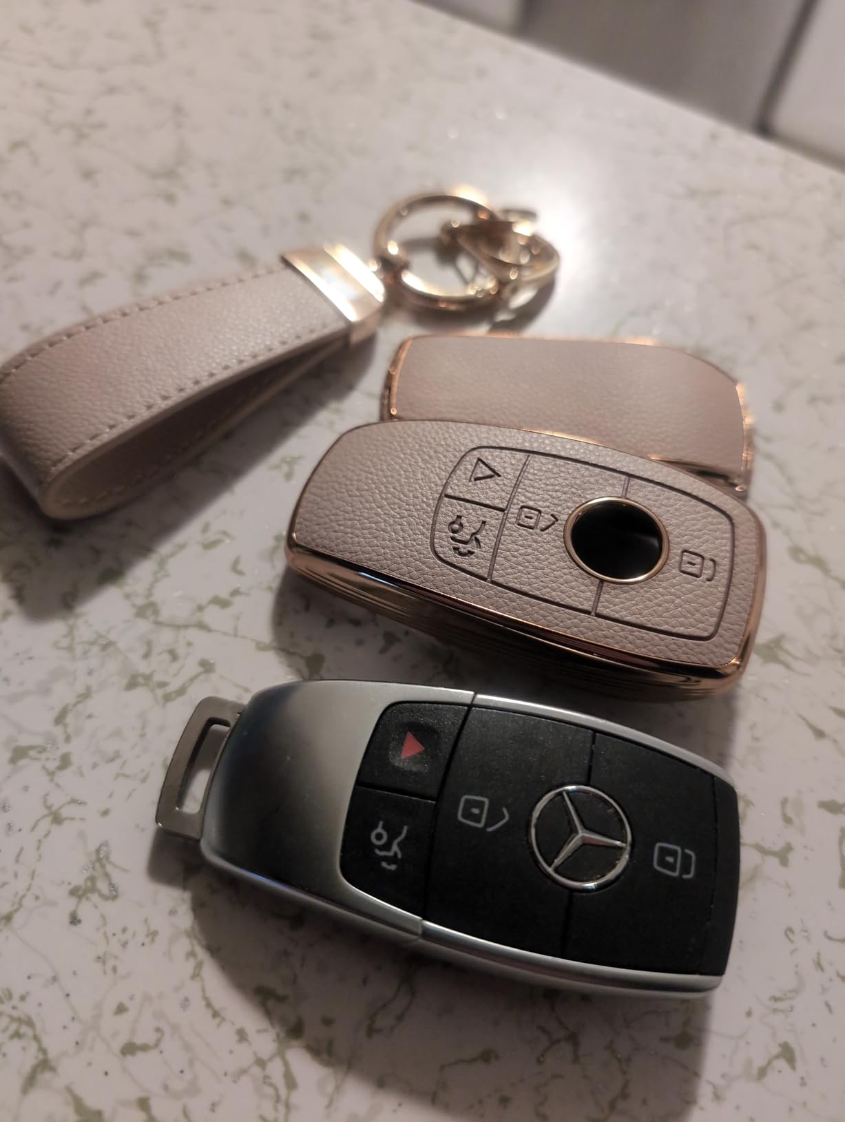 Key Fob Cover for Mercedes Benz with Key Chain, Upper Leather + Soft TPU Key Cover Case Shell for Mercedes C E S GLC CLE EQE EQS 300 350 450 500 560 580 AMG customer photo 2