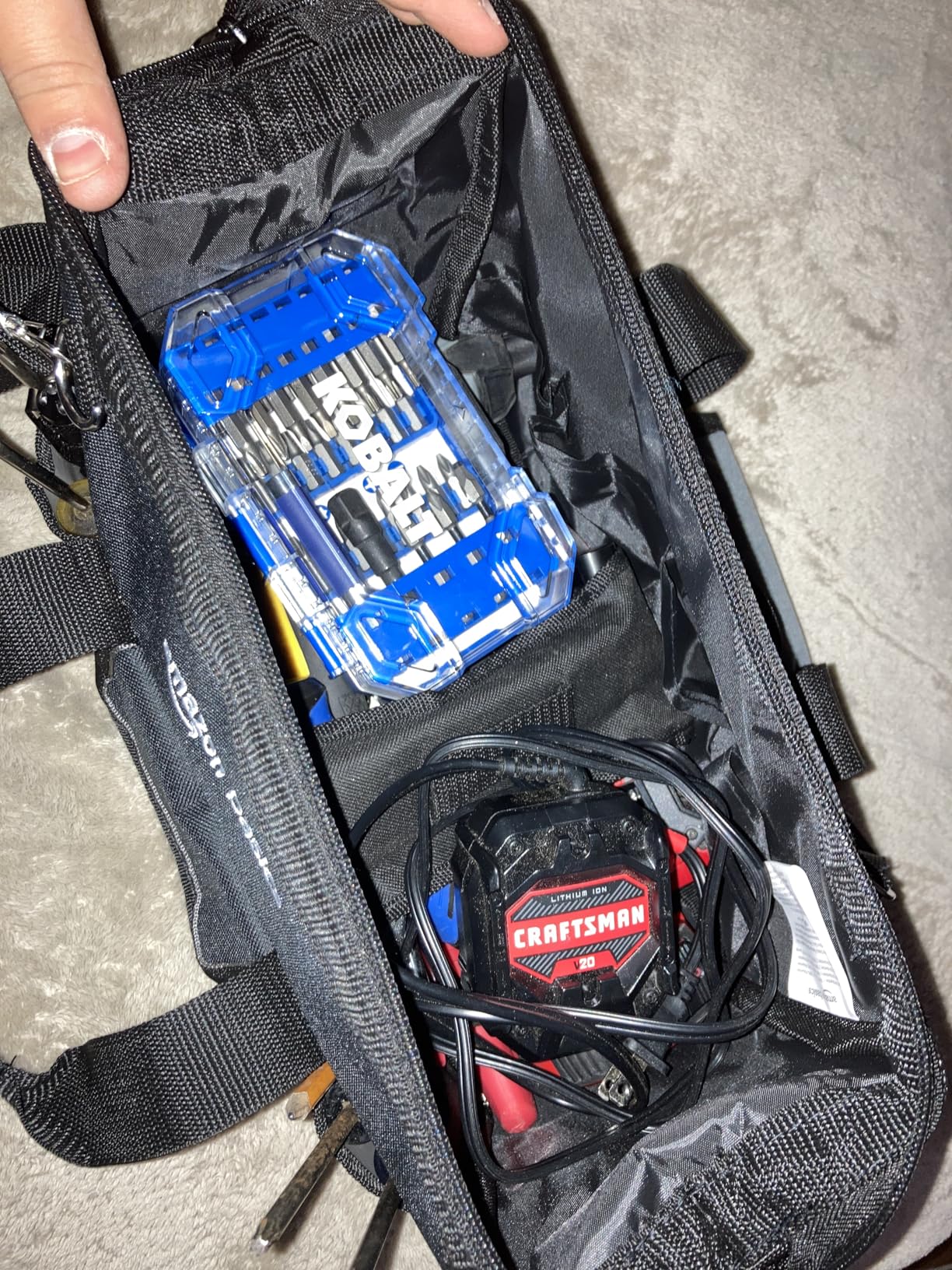 Amazon Basics Durable Wear-Resistant Tool Storage Bag with Adjustable Shoulder Strap, Portable Tool Organizer, 16 in, Black & Grey customer photo 1