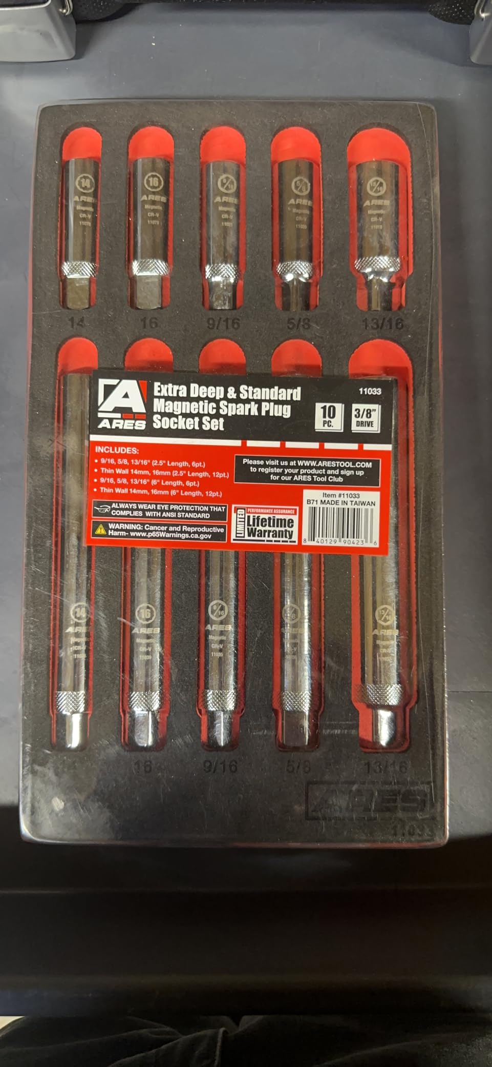 ARES 11016-5-Piece Magnetic Spark Plug Socket Set - Includes 14mm and 16mm Thin Wall Sockets and 9/16-inch, 5/8-inch, and 13/16-inch Sockets - Convenient Reusable Storage Rail Included customer photo 2