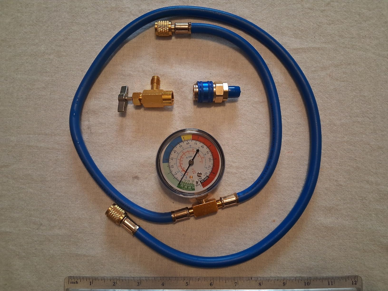 R134a Recharge Hose Kit with Gauge, 51'' AC Refrigerant Recharging Hose Measuring Kit, Self-sealing R-134a Can Tap Refrigerant Dispenser to R-12/R-22 port, Include R134a Low Side Quick Couple customer photo 2