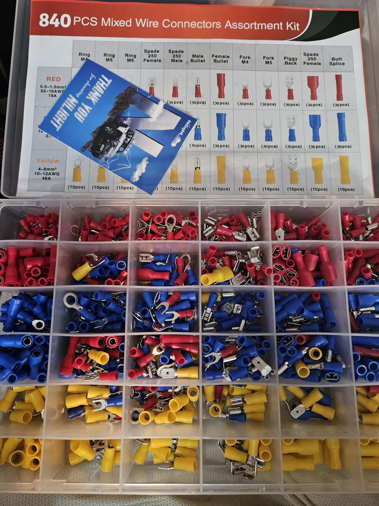 Nilight 840pcs Mixed Quick Disconnect Connector Butt Splice Ring Fork Spade Bullet Piggy Back Insulated Terminal Crimp Assortment Kit for Automotive Wiring Projects customer photo 1