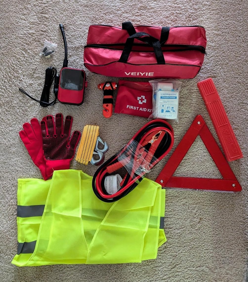 Roadside Emergency car kit for Vehicles, Car First Aid Emergency kit with Portable Air Compressor, Heavy Duty Jumper Cables, Tow Strap, Road Trip Essentials Safety kit, New Driver Gifts customer photo 2