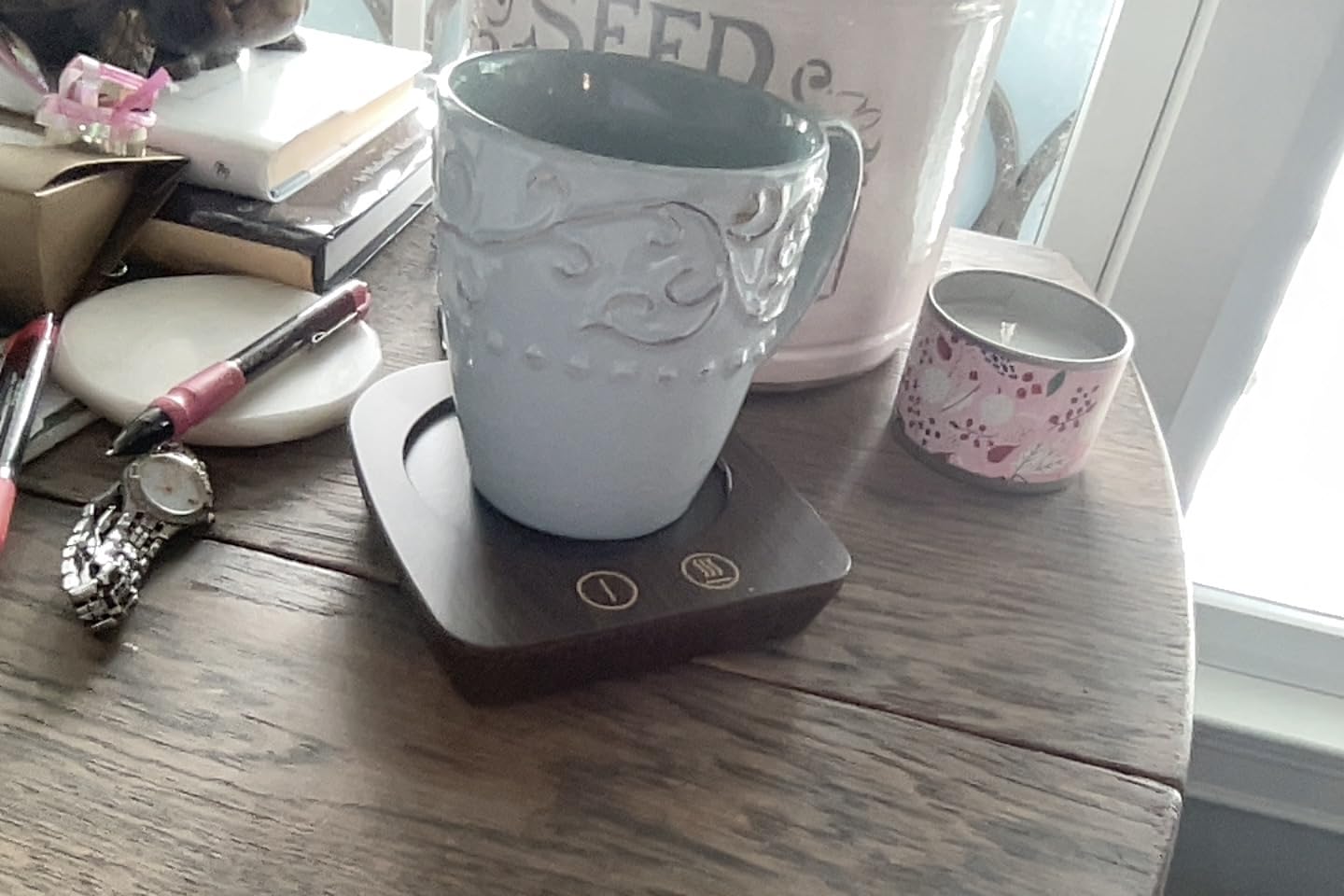 VOBAGA Imitation Wood Grain Coffee Cup Warmer & Mug Warmer for Desk, Electric Coffee Warmer Plate with 3-Temp Settings for Tea, Cocoa, Milk with Auto Shut Off After 4 Hours, Coffee Gifts for Women Men customer photo 2