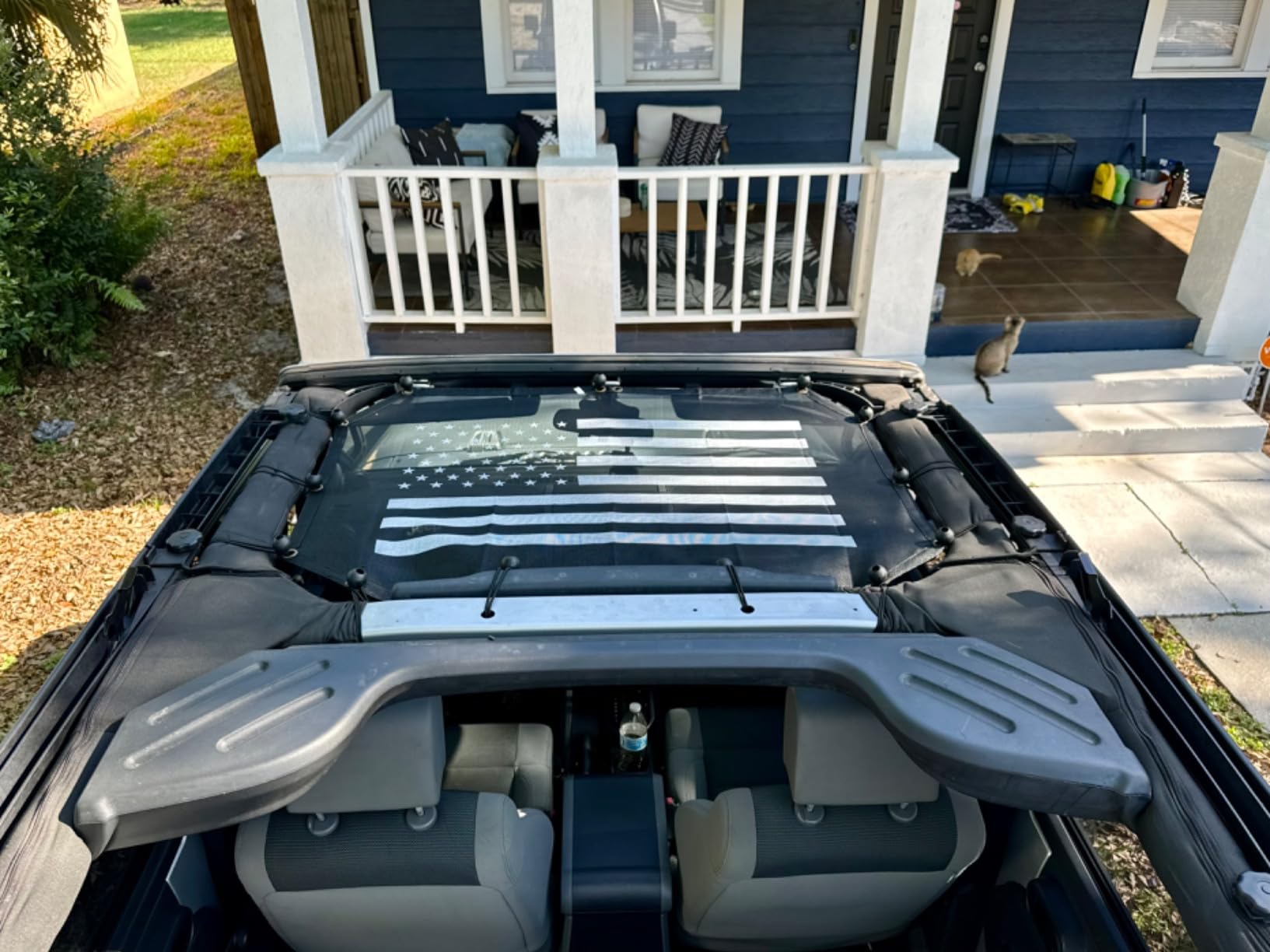 JeCar Mesh Sunshade 2 Door Durable Polyester Top Cover Provides UV Sun Protection for Jeep Wrangler JK & Unlimited 2007-2018 (Black and White American Flag) customer photo 2
