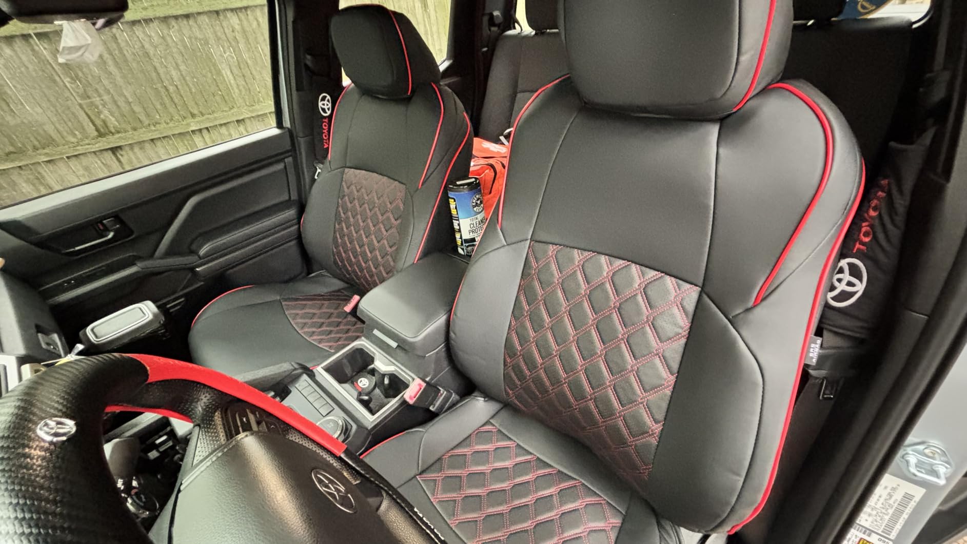 Huidasource Tacoma Seat Cover Front & Rear, Full Coverage Waterproof Leather Custom Cover Fit for 2016-2023 Double & Crew Cab Toyota Tacoma SR SR5 Limited TRD Sport/Pro/Off Road (Full Set/Black&Red) customer photo 1
