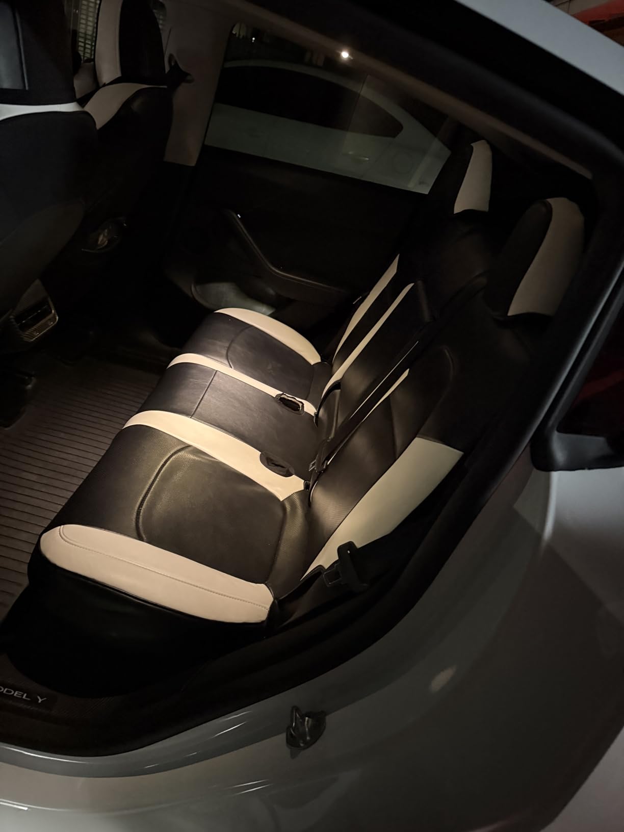 Suitable for Tesla Model Y Seat Covers, Waterproof Faux Leather Car Seat Covers Full Set for Tesla Model Y 2020 2021 2022 2023 2024 (Black+ White) customer photo 2