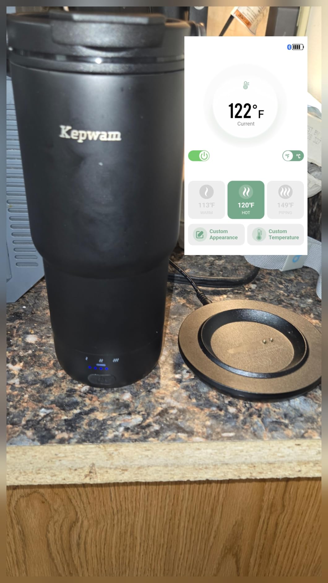 Kepwam Heated Coffee Mug Rechargeable T3, 20oz Self-Heating Travel Mug for Coffee with 1℉ Precise Temperature Control & App, Portable Cup Warmer for Outdoor & Car (Fits Cup Holders) customer photo 2