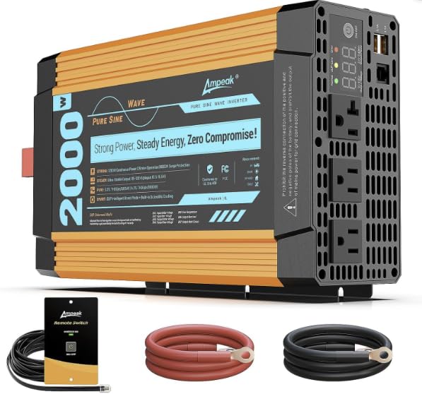 Ampeak Pure Sine Wave Inverter 2000 Watt - 6000W Surge, 12v DC to 110V AC Converter for RV, Truck, Home, Solar with Dual AC & 20A Outlets, Hardwire Port, USB & Remote customer photo 2