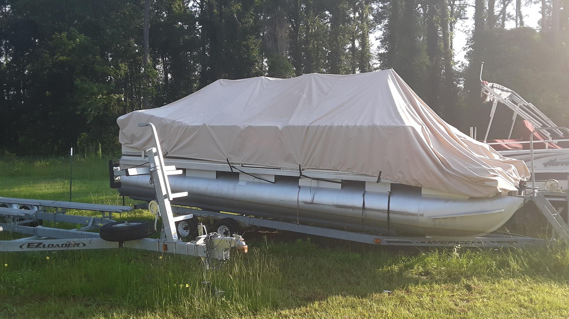 NEW 1200D Beige 24 FT VORTEX Ultra 5 Year Canvas Pontoon/Deck Boat Cover, Elastic, Strap System, FITS 22'1