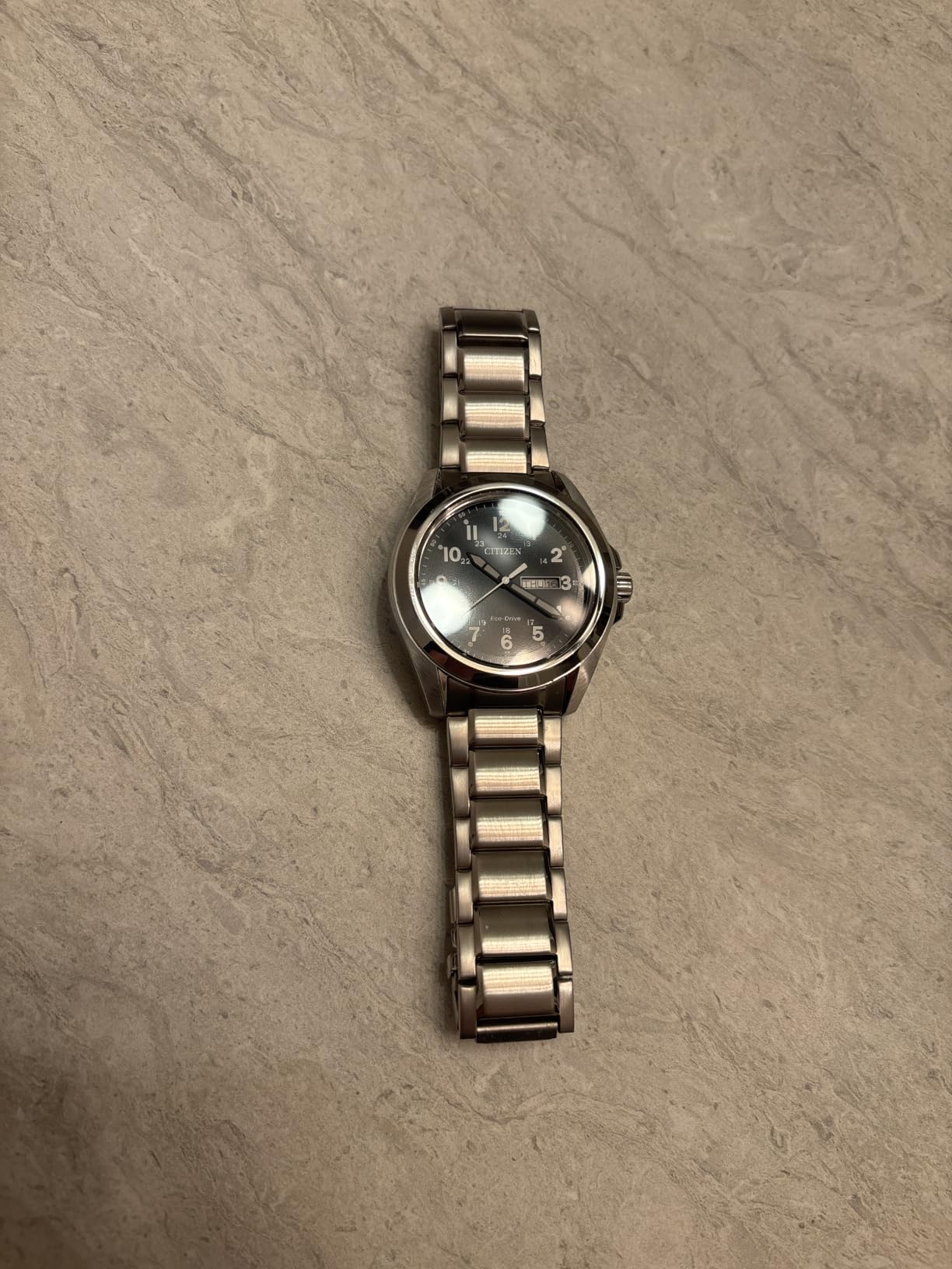 Men's Eco-Drive Weekender Garrison Field Watch in Stainless Steel, Black Dial, Arabic Markers, Luminous, 43mm (Model: AW0050-82E) customer photo 2