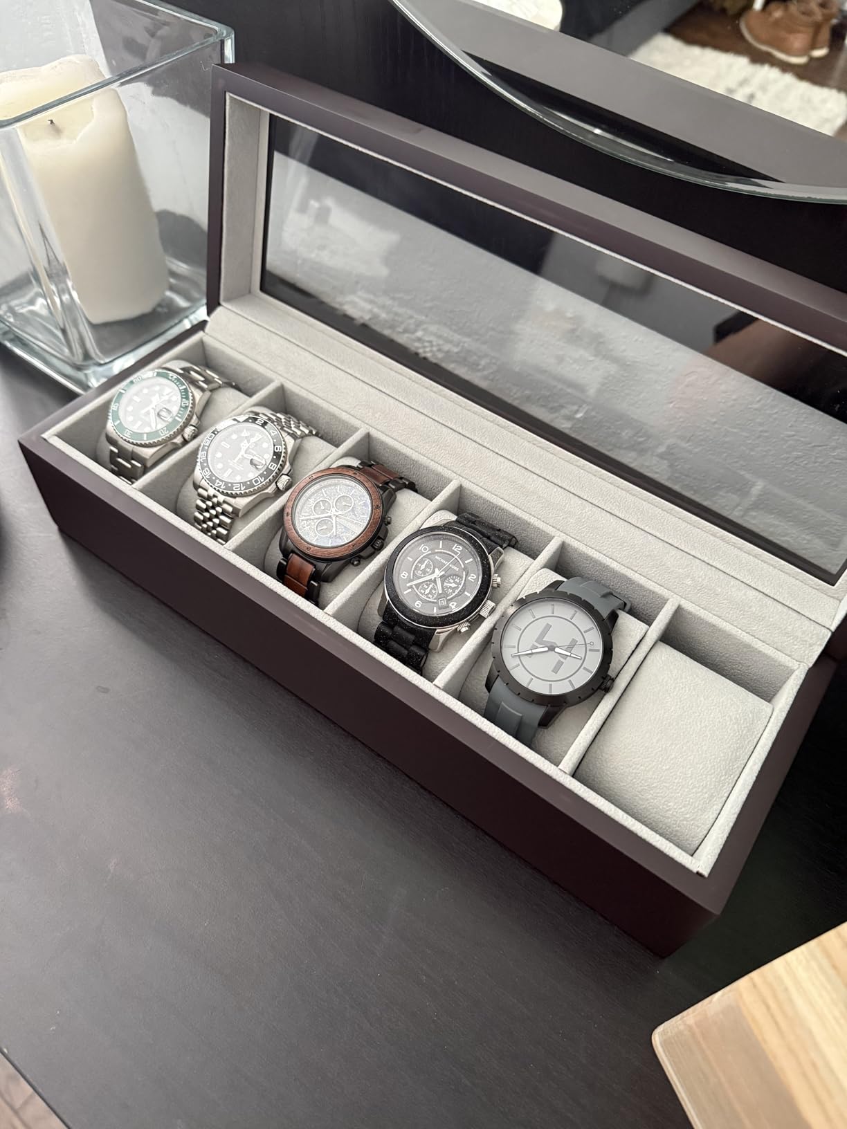 CASE ELEGANCE 6-Slot Solid Wood Watch Box for Men - Real Glass Display Top, Magnetic Closure & Pillow Stands | Watch Organizer Display Case | Gift for Him | Espresso customer photo 2