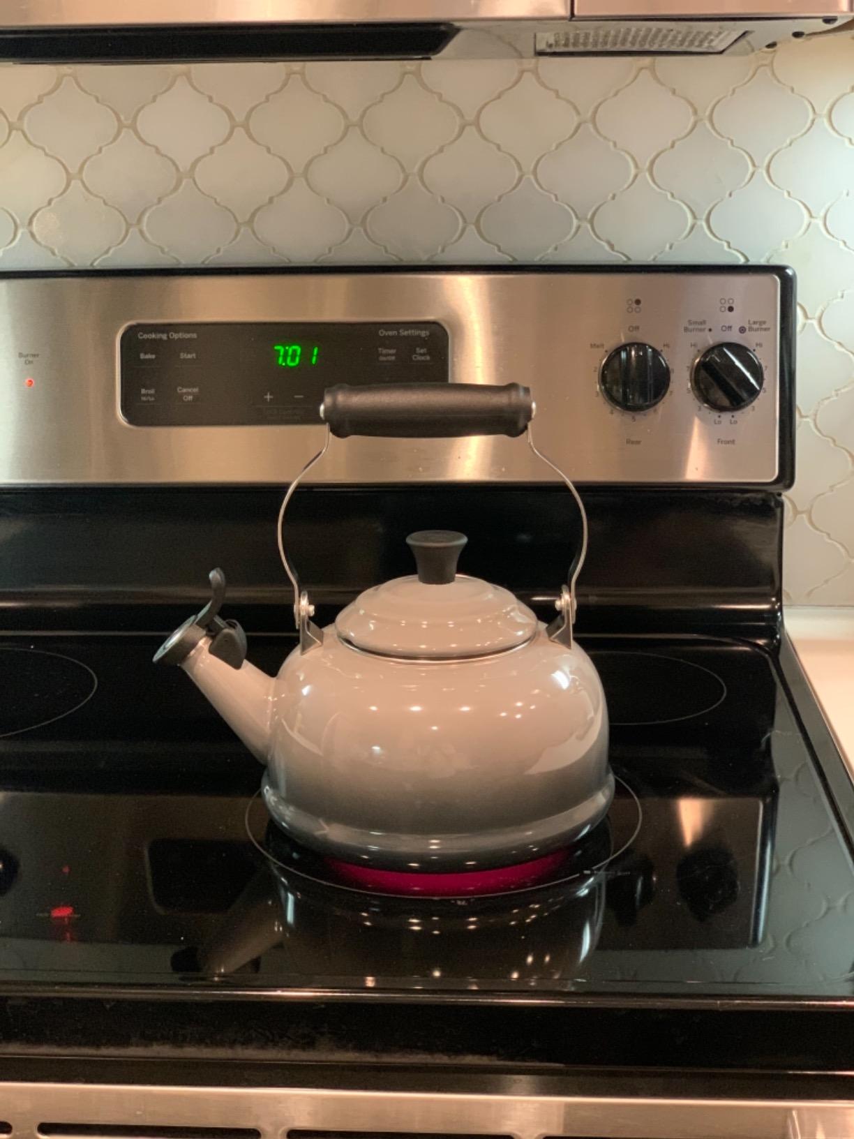 Le Creuset Enamel On Steel Whistling Tea Kettle, 1.7 qt., Oyster/Black Knob customer photo 2