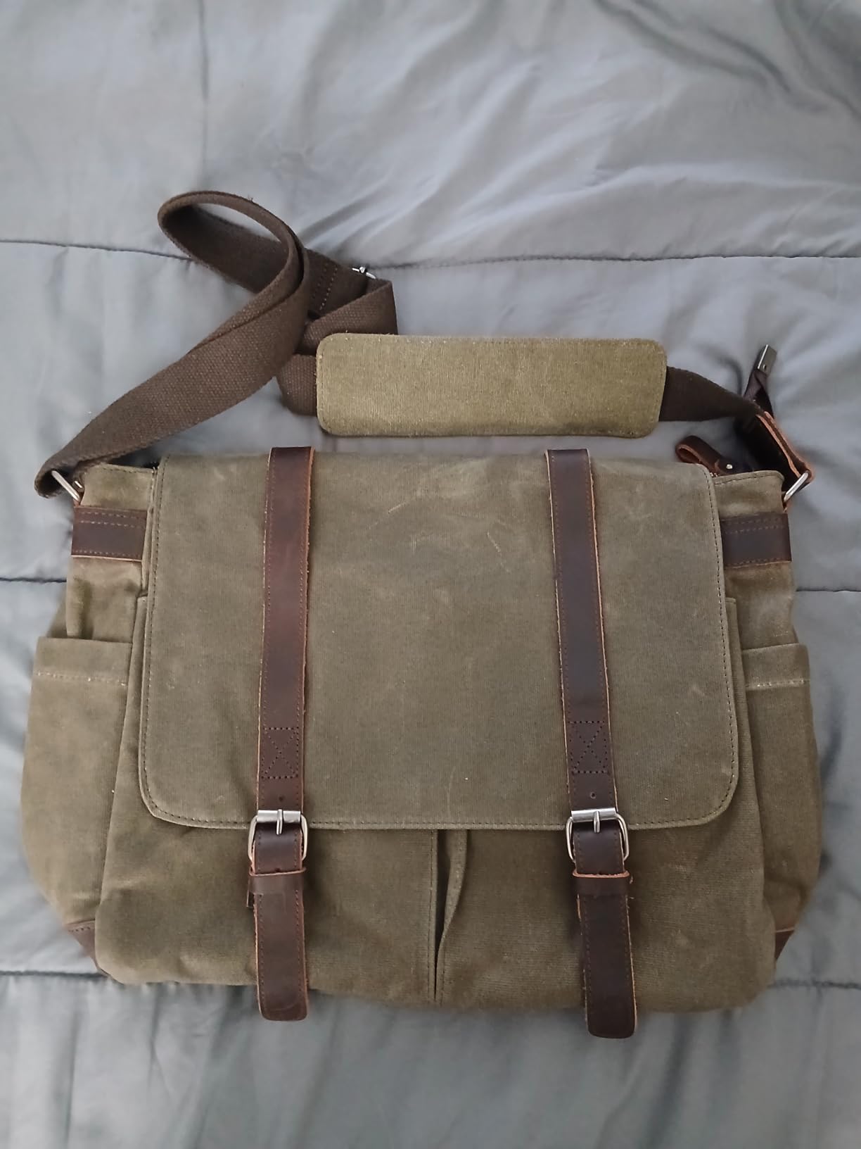 Vintage Genuine Leather Waxed Canvas Briefcase Large Satchel Shoulder Bag Rugged Computer 15.6