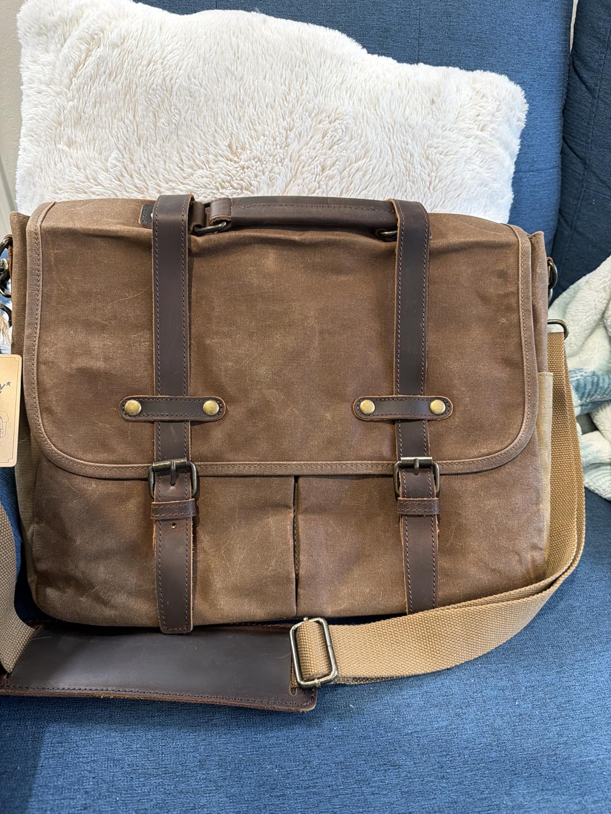 NEWHEY Mens Messenger Bag 15.6 Inch Business Office Work Briefcase Brown | Waterproof, Vintage Genuine Leather, Waxed Canvas, Large Satchel Shoulder Bag, Rugged Leather Computer Laptop Bag customer photo 2