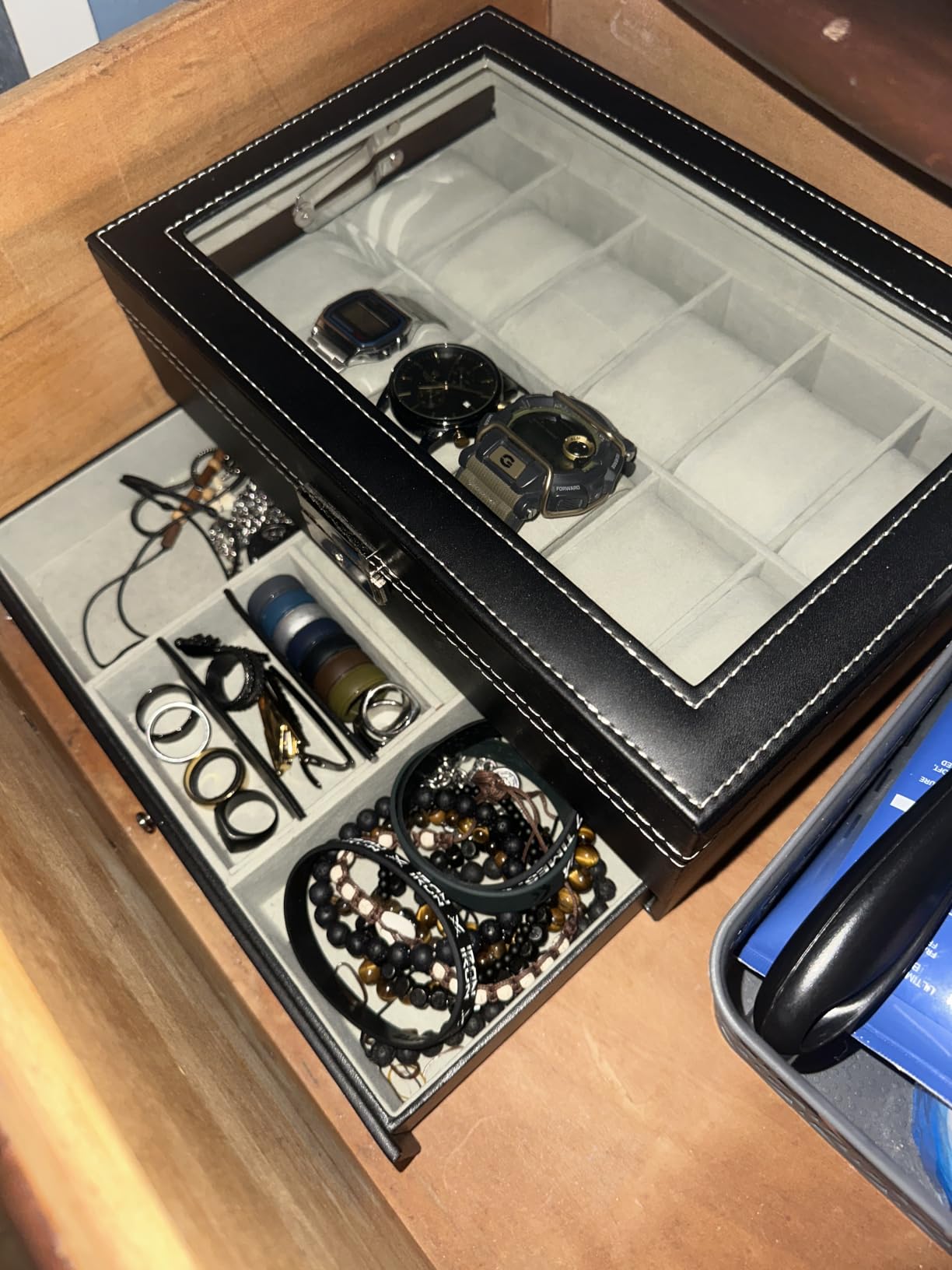 Ogrmar 12 Slot PU Leather Lockable Watch Storage Boxes, Men & Women Jewelry Display Drawer Case, 2-tier Organizer Watch Showcase with Glass Lid (Black) customer photo 1