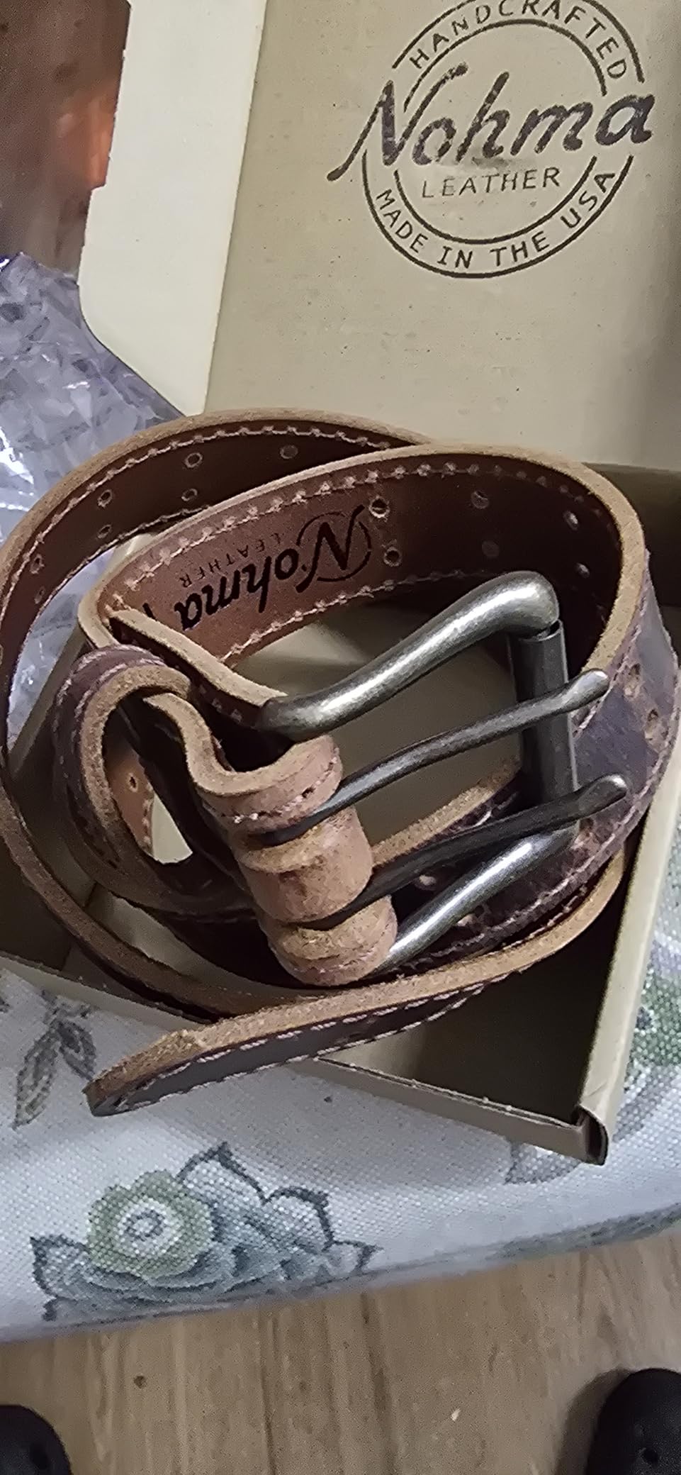 Men's Classic Leather Belt, Double Prong Retro Style, Antique Brass Buckle, 1 1/2