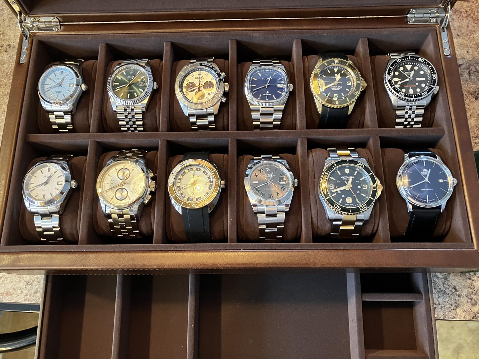 TAWBURY Watch Box for Men - 12 Slot Watch Case with Storage Drawer, Real Glass Display and 2-inch Wide Pillows for Large Watches (Brown) customer photo 2