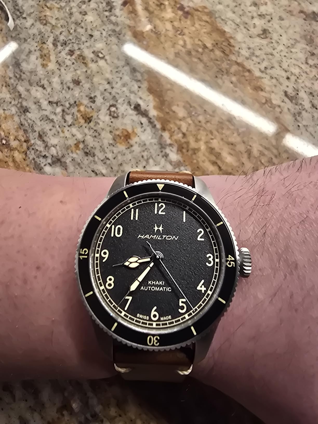 Hamilton Khaki Aviation Automatic Men's Watch, 38mm Stainless Steel Case, Swiss Made, Black Dial Analog Wrist Watch for Men, 100m Waterproof, Sapphire Crystal, 3-Hand Movement, Cow Leather Strap customer photo 1
